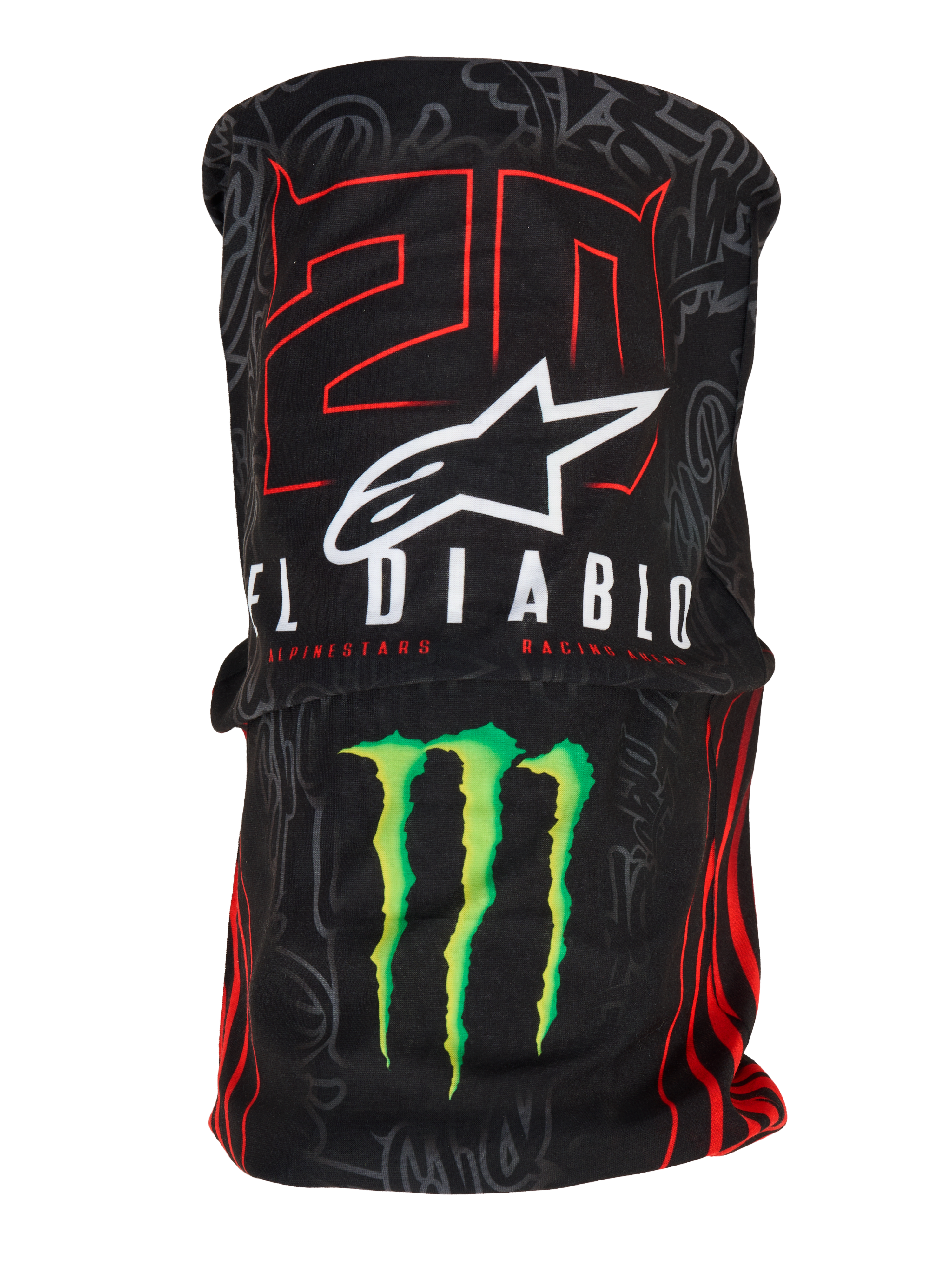 Alpinestars FQ20 Neck Tube Monster, scaldacollo da moto leggero, nero con grafiche '20' rosse e 'El Diablo' bianche, logo Alpinestars bianco e artiglio Monster Energy verde, accessorio d'ispirazione racing con una texture tessile setosa