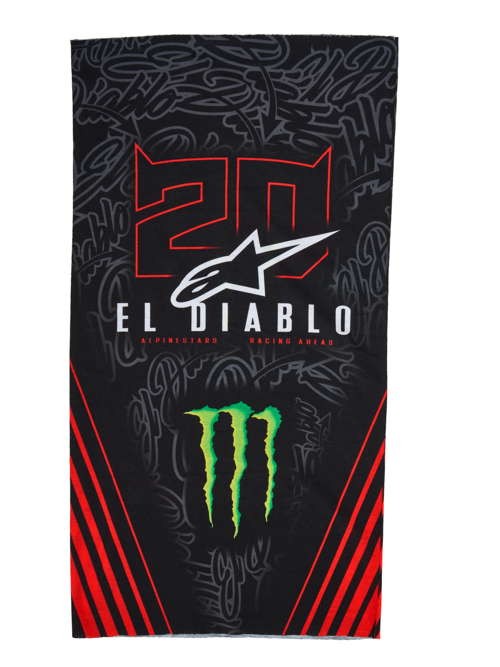 Alpinestars FQ20 Neck Tube Monster, scaldacollo leggero da moto, nero con accenti rossi e verdi, con grafiche '20' e 'EL DIABLO', logo ad artiglio Monster Energy, logo Alpinestars bianco e strisce diagonali rosse su sfondo graffiti tono su tono