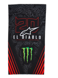 Alpinestars FQ20 Neck Tube Monster, scaldacollo leggero da moto, nero con accenti rossi e verdi, con grafiche '20' e 'EL DIABLO', logo ad artiglio Monster Energy, logo Alpinestars bianco e strisce diagonali rosse su sfondo graffiti tono su tono