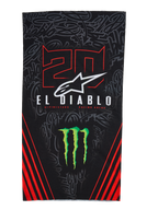 Alpinestars FQ20 Neck Tube Monster, scaldacollo leggero da moto, nero con accenti rossi e verdi, con grafiche '20' e 'EL DIABLO', logo ad artiglio Monster Energy, logo Alpinestars bianco e strisce diagonali rosse su sfondo graffiti tono su tono