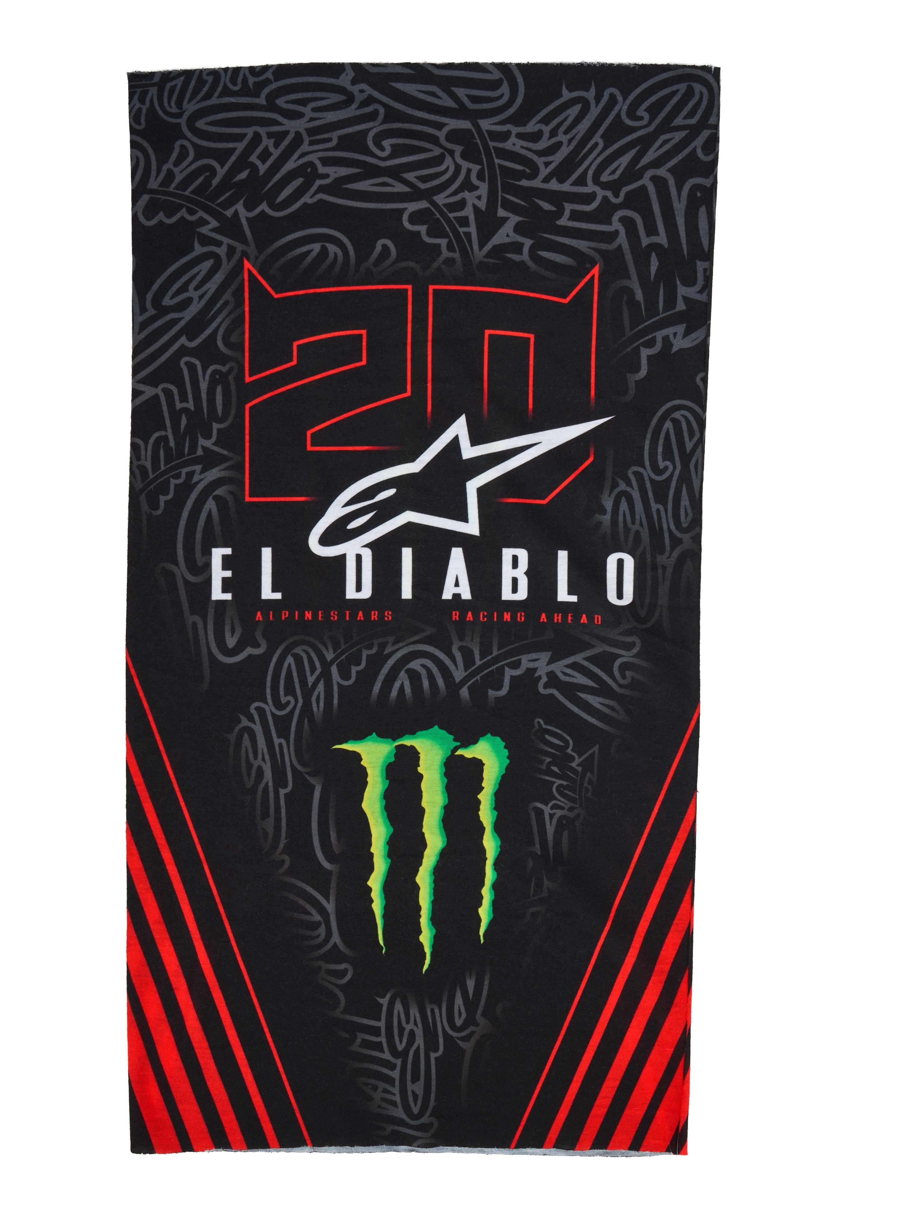Alpinestars FQ20 Neck Tube Monster, scaldacollo leggero da moto, nero con accenti rossi e verdi, con grafiche '20' e 'EL DIABLO', logo ad artiglio Monster Energy, logo Alpinestars bianco e strisce diagonali rosse su sfondo graffiti tono su tono