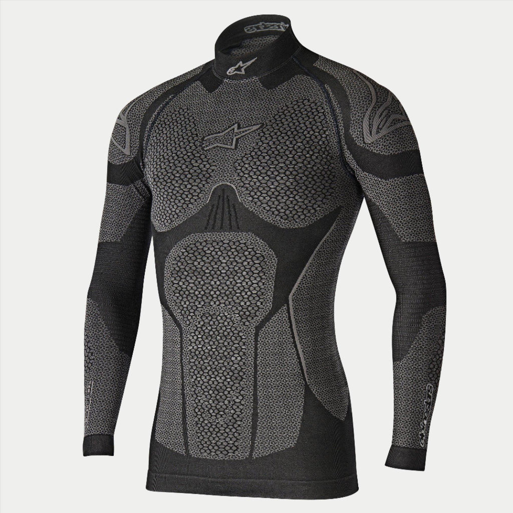 Alpinestars Ride Tech Top Long Sleeve Winter, maglia termica base layer da moto, nero e grigio, maglia tecnica a maniche lunghe con pannelli testurizzati a nido d'ape a doppia densità, vestibilità a compressione, collo a lupetto con logo Alpinestars bianco, intimo termico per climi freddi