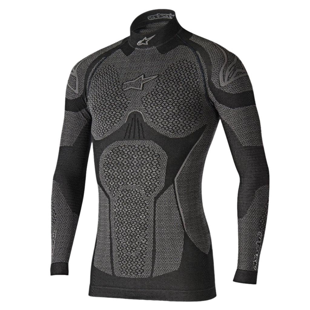 Alpinestars Ride Tech Top Long Sleeve Winter, intimo tecnico base layer, nero e grigio, con pannelli a trama a nido d'ape, collo a lupetto e vestibilità a compressione per la guida in moto in climi freddi