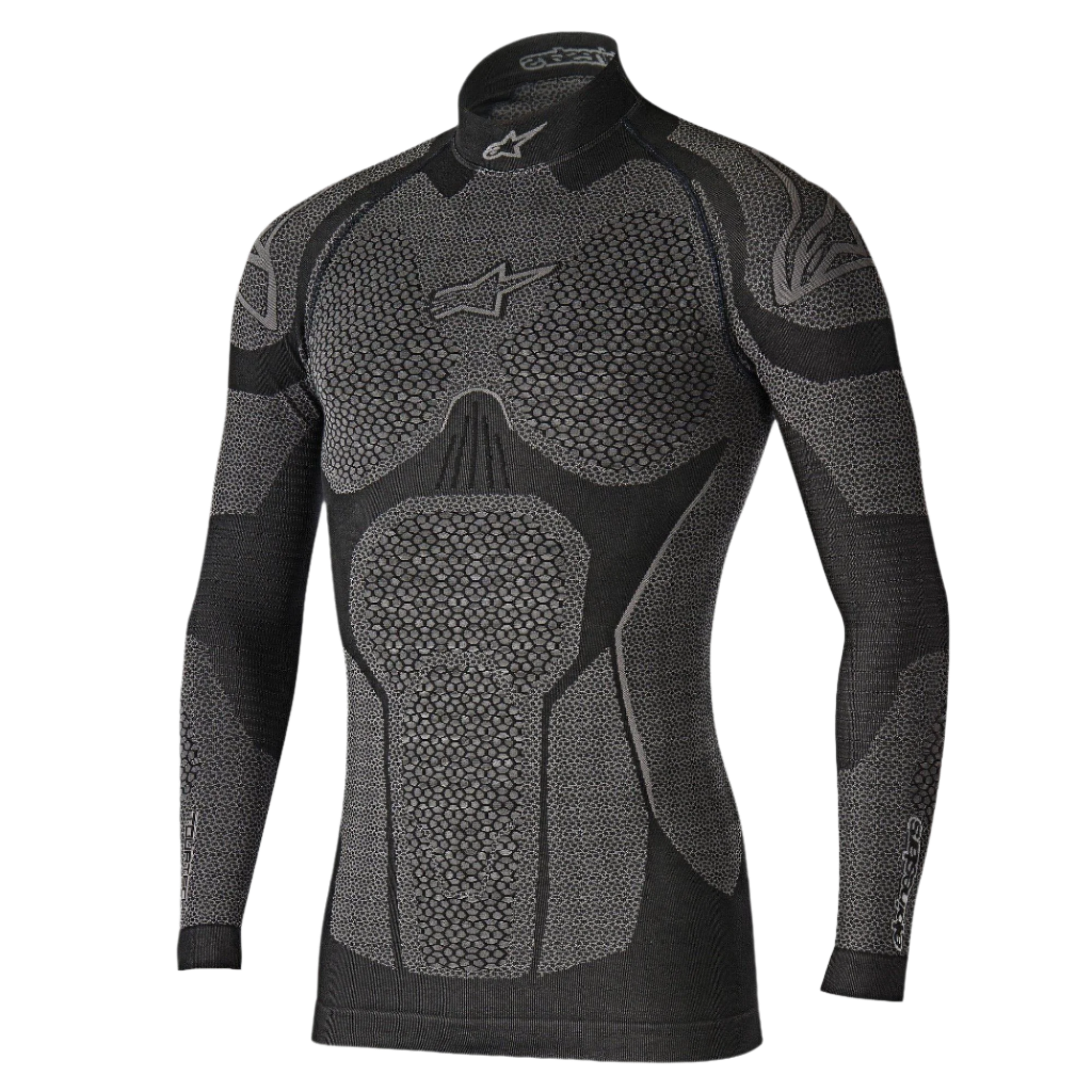 Alpinestars Ride Tech Top Long Sleeve Winter, intimo tecnico base layer, nero e grigio, con pannelli a trama a nido d'ape, collo a lupetto e vestibilità a compressione per la guida in moto in climi freddi