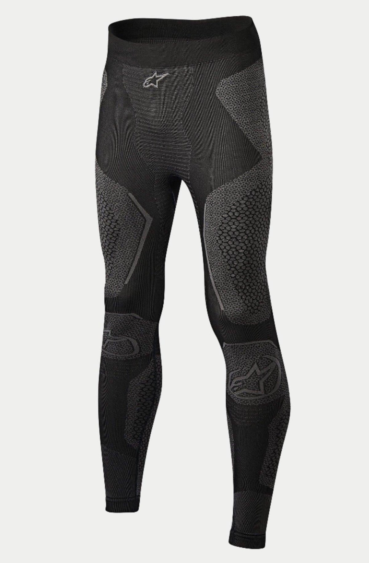 Alpinestars Ride Tech Bottom Winter, pantaloni intimo tecnico da moto, nero e grigio, con pannelli in maglia a doppia densità con motivi testurizzati, costruzione senza cuciture, loghi Alpinestars sulla vita e sugli stinchi, progettati per la guida in climi freddi