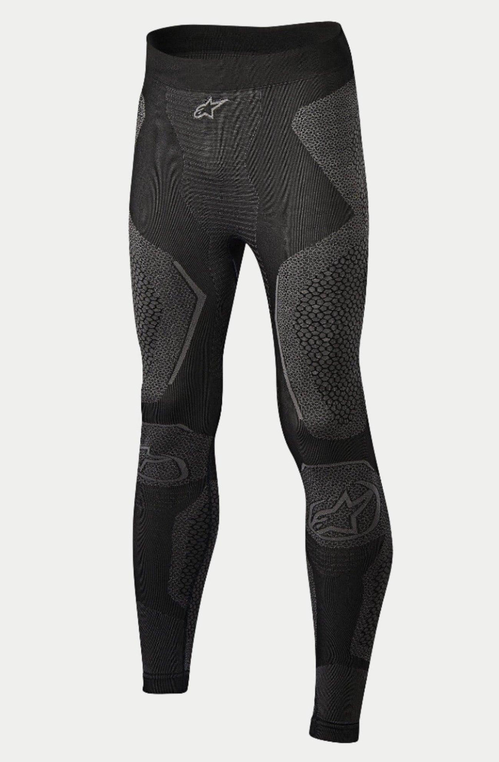 Alpinestars Ride Tech Bottom Winter, pantaloni intimo tecnico da moto, nero e grigio, con pannelli in maglia a doppia densità con motivi testurizzati, costruzione senza cuciture, loghi Alpinestars sulla vita e sugli stinchi, progettati per la guida in climi freddi