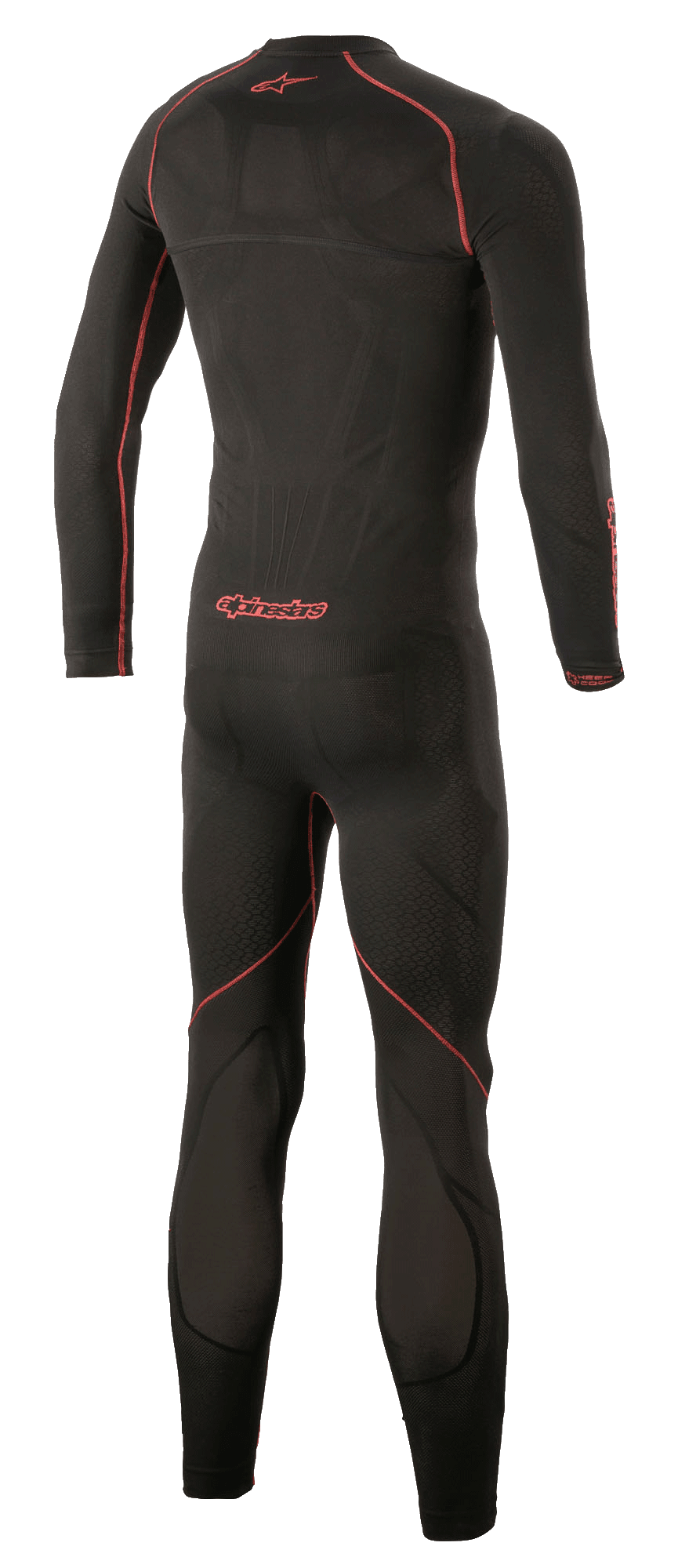 Sottotuta intero Alpinestars Ride Tech Lite, strato di base tecnico per moto, nero e rosso, vista posteriore con cuciture piatte rosse e logo Alpinestars, vestibilità a compressione senza cuciture con inserti in rete traspirante.
