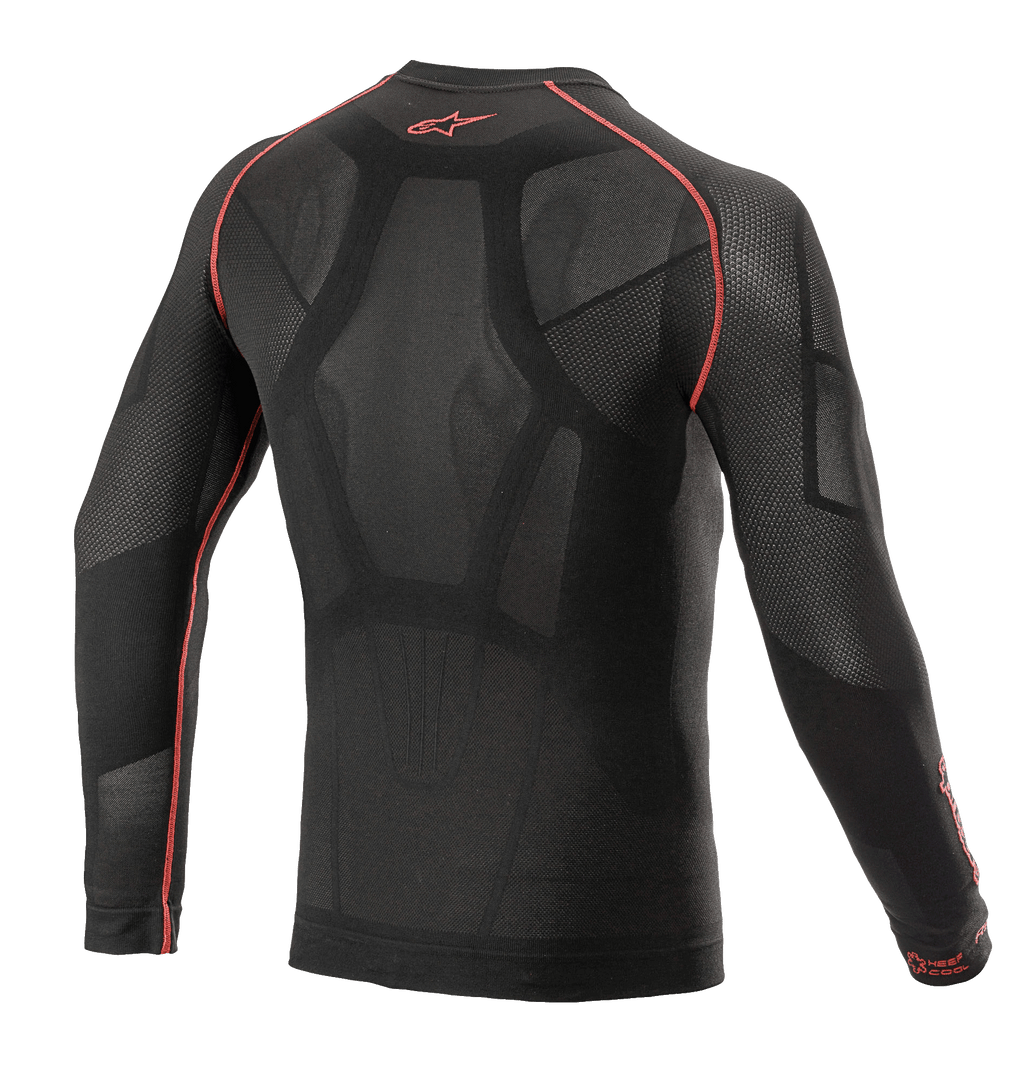 Alpinestars Ride Tech V2 Top Long Sleeve Summer, base layer da moto, nero e rosso, vista posteriore con costruzione body-mapped e inserti in rete aperta, cuciture piatte rosse e logo Alpinestars rosso sul colletto, strato tecnico per climi caldi
