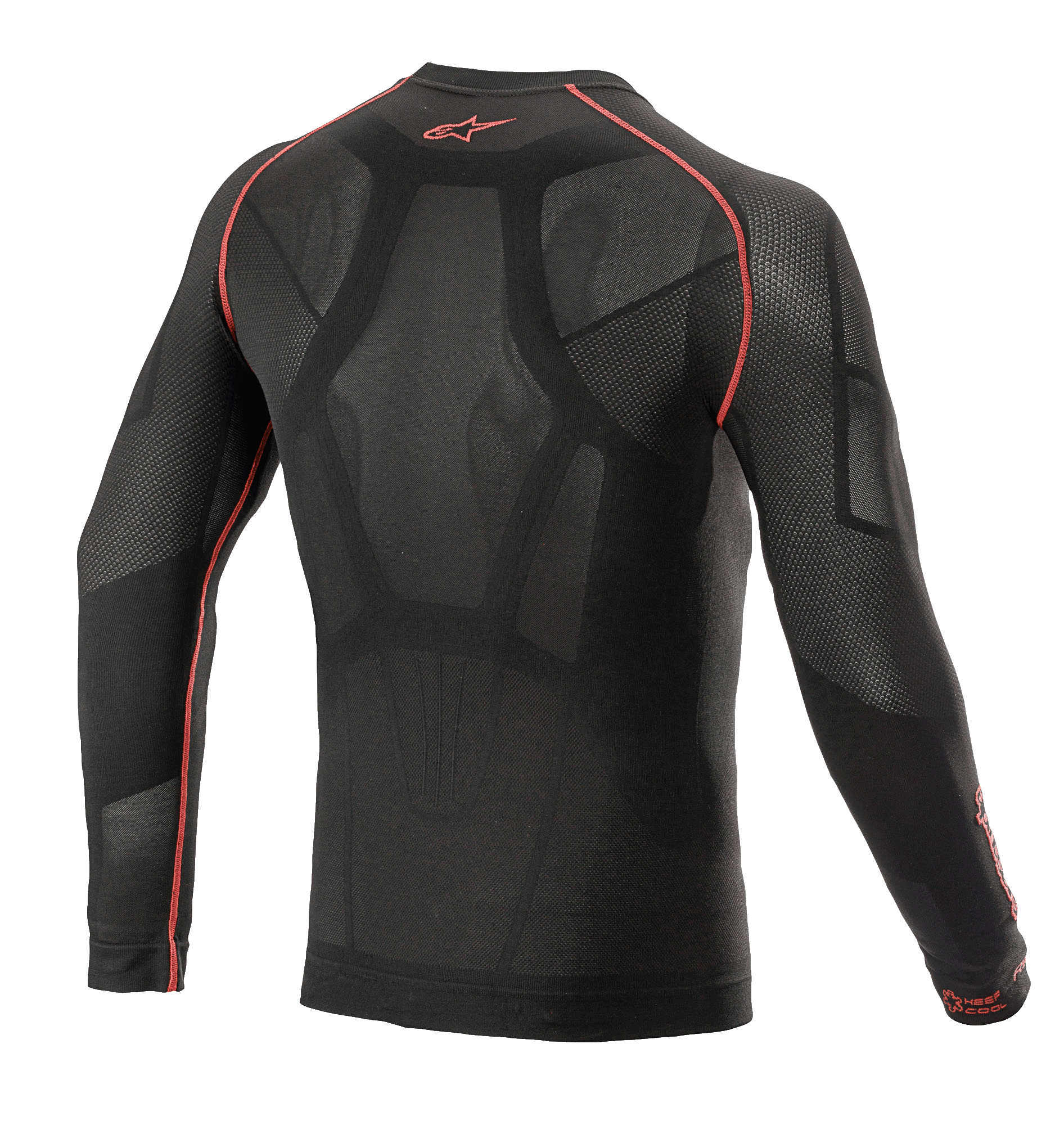 Alpinestars Ride Tech V2 Top Long Sleeve Summer, base layer da moto, nero e rosso, vista posteriore con costruzione body-mapped e inserti in rete aperta, cuciture piatte rosse e logo Alpinestars rosso sul colletto, strato tecnico per climi caldi