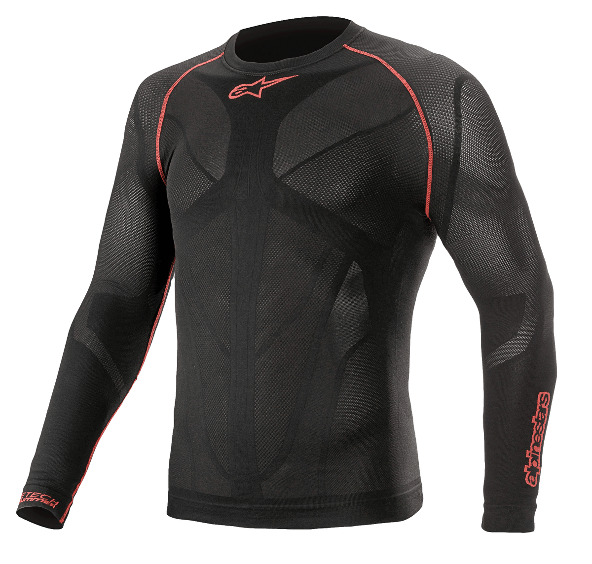Alpinestars Ride Tech V2 Top Long Sleeve Summer, strato base da moto, nero e rosso, pannelli in rete traspirante mappati sul corpo, cuciture piatte rosse sulle spalle, loghi Alpinestars su petto e manica