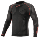 Alpinestars Ride Tech V2 Top Long Sleeve Summer, strato base da moto, nero e rosso, pannelli in rete traspirante mappati sul corpo, cuciture piatte rosse sulle spalle, loghi Alpinestars su petto e manica