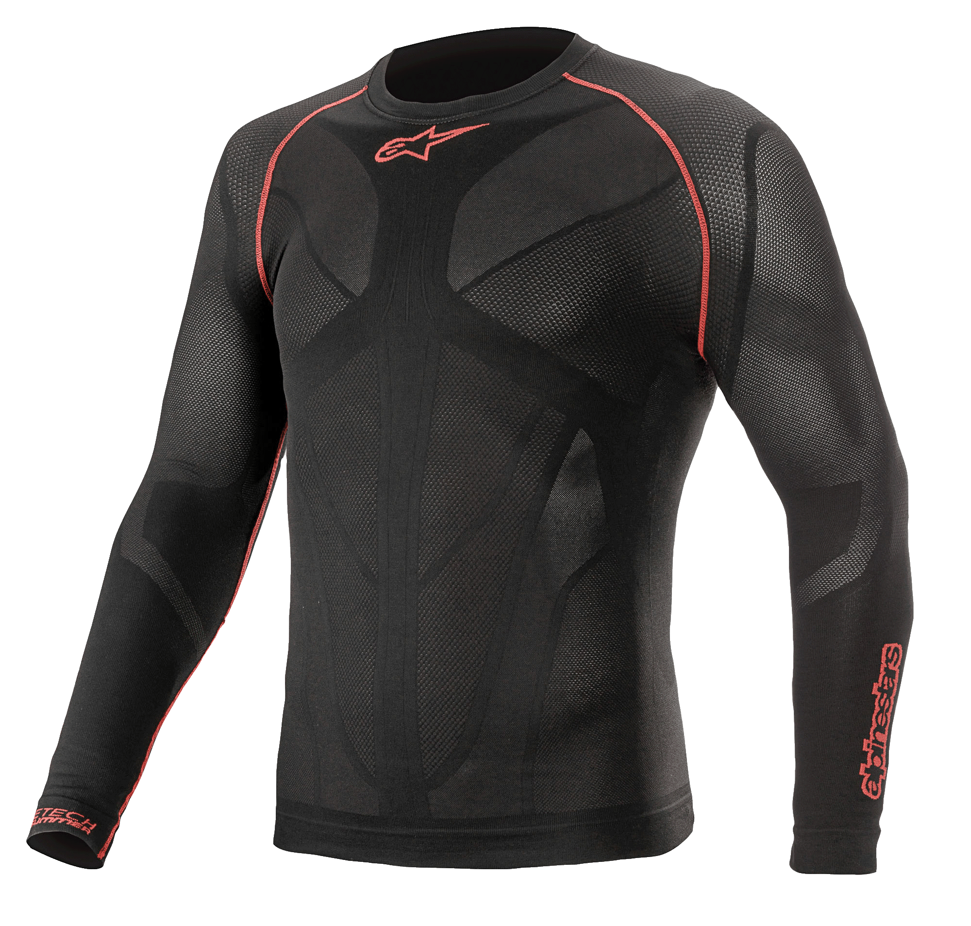 Alpinestars Ride Tech V2 Top Long Sleeve Summer, strato base da moto, nero e rosso, pannelli in rete traspirante mappati sul corpo, cuciture piatte rosse sulle spalle, loghi Alpinestars su petto e manica