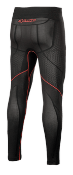 Alpinestars Ride Tech V2 Bottom Summer, pantaloni intimo tecnico da moto, nero e rosso, vista posteriore con cuciture rosse a contrasto, logo Alpinestars rosso sulla fascia in vita e pannelli in mesh traspirante per la guida con il caldo.