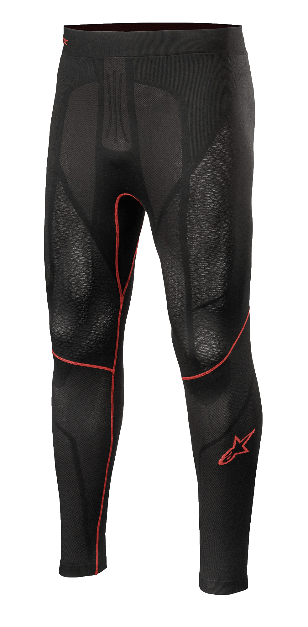 Alpinestars Ride Tech V2 Bottom Summer, pantaloni intimo tecnico moto, nero con dettagli rossi, pannelli in mesh testurizzato, logo a stella rosso sulla gamba, strato compressivo traspirante