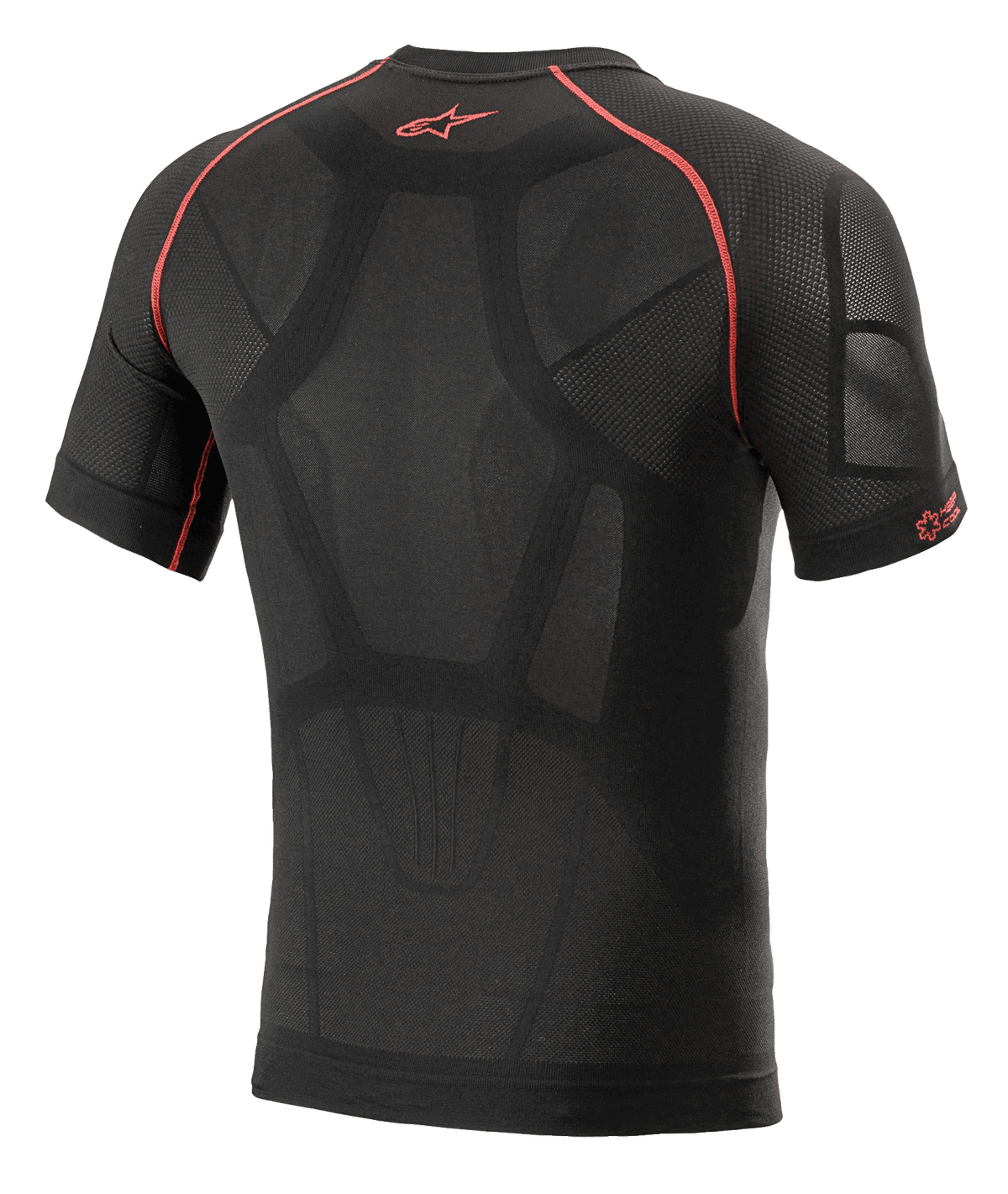 Alpinestars Ride Tech V2 Top Short Sleeve Summer, intimo tecnico da moto, nero e rosso, vista posteriore con costruzione mappata sul corpo, pannelli di ventilazione in rete, cuciture rosse a contrasto e logo Astars rosso sulla parte superiore della schiena
