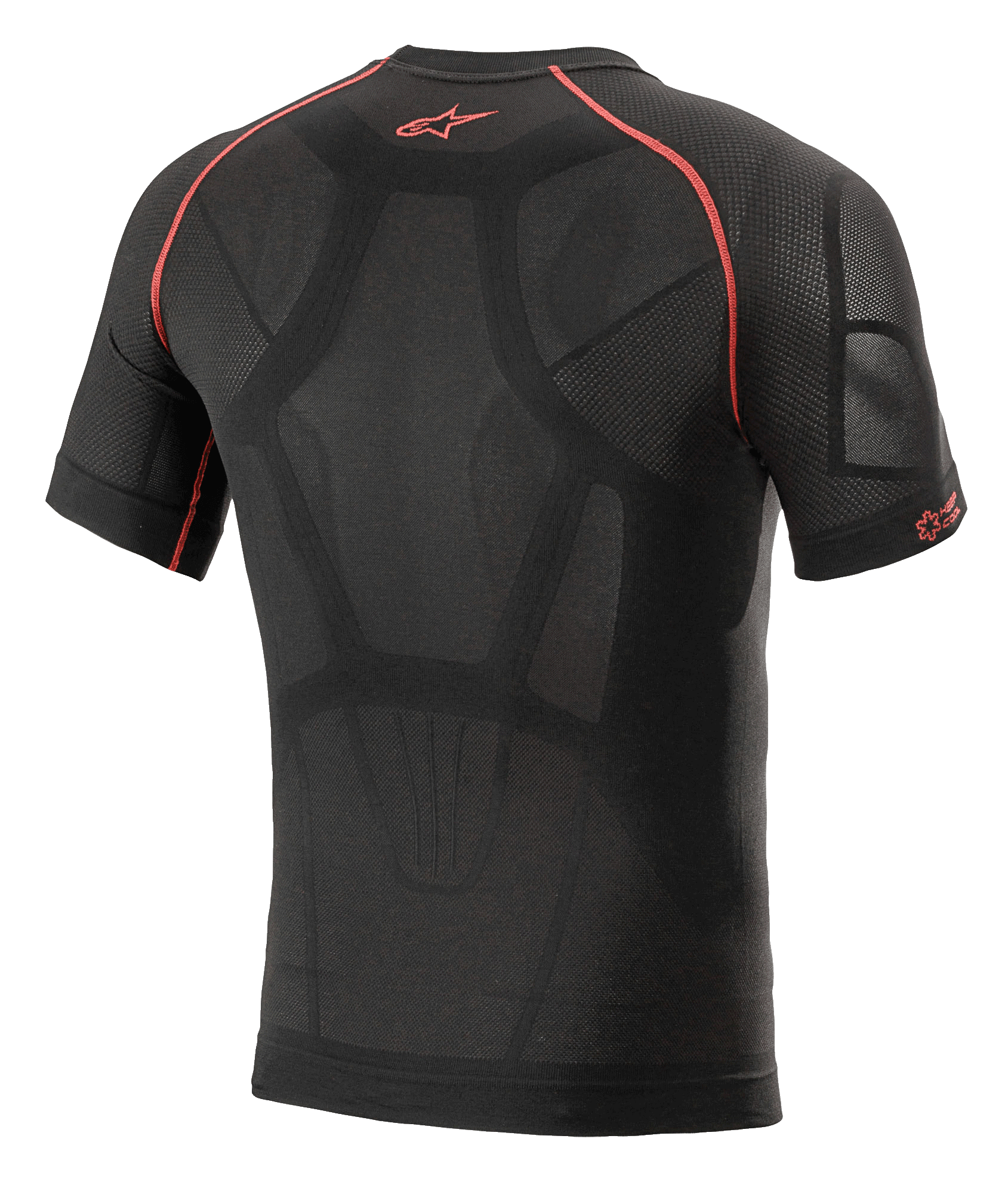 Alpinestars Ride Tech V2 Top Short Sleeve Summer, intimo tecnico da moto, nero e rosso, vista posteriore con costruzione mappata sul corpo, pannelli di ventilazione in rete, cuciture rosse a contrasto e logo Astars rosso sulla parte superiore della schiena