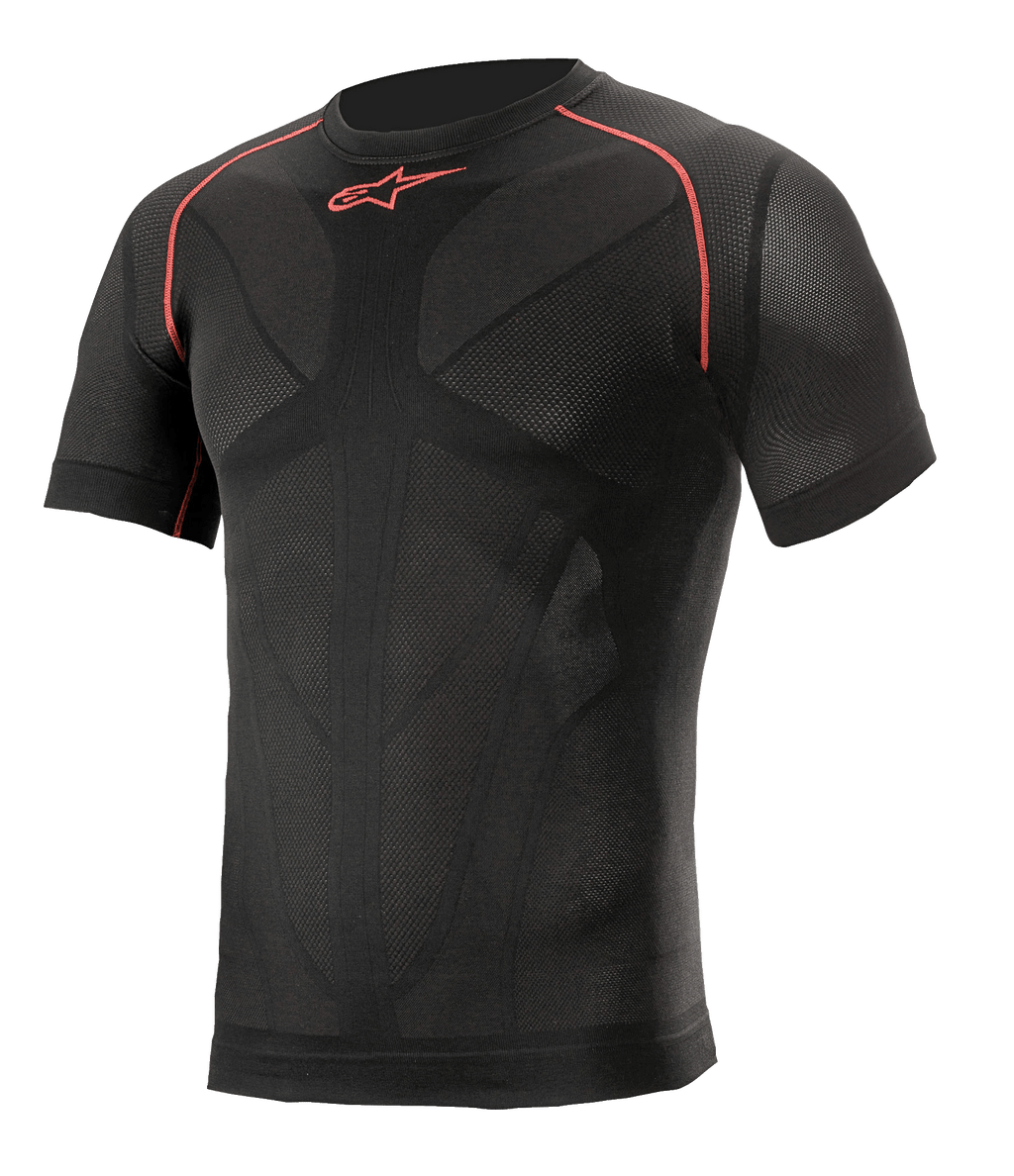 Alpinestars Ride Tech V2 Top Short Sleeve Summer, base layer da moto a maniche corte, nero con dettagli rossi, vestibilità a compressione con pannelli di ventilazione in mesh mappati sul corpo, abbigliamento tecnico per la guida estiva su strada e in pista