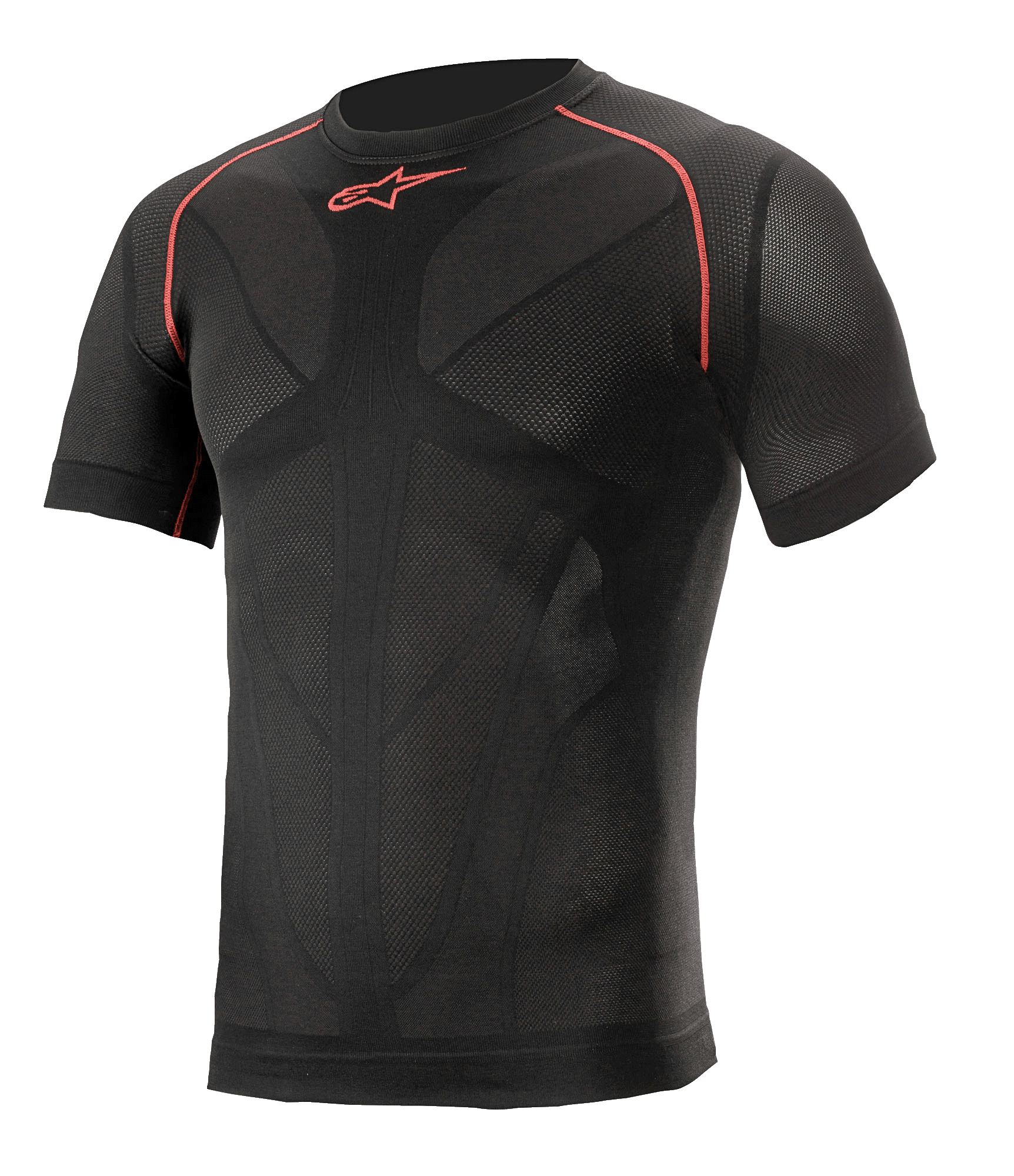 Alpinestars Ride Tech V2 Top Short Sleeve Summer, base layer da moto a maniche corte, nero con dettagli rossi, vestibilità a compressione con pannelli di ventilazione in mesh mappati sul corpo, abbigliamento tecnico per la guida estiva su strada e in pista