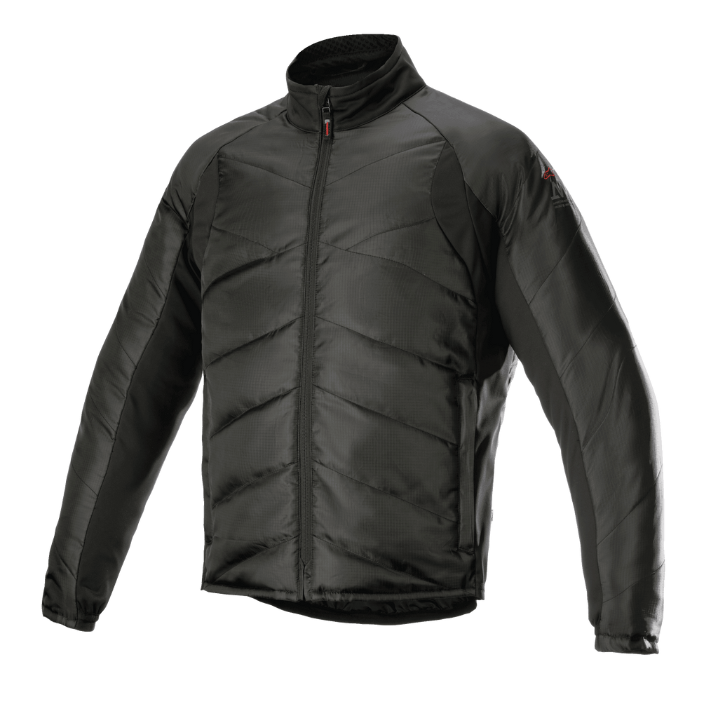 Alpinestars AMT Thermal Liner, giacca termica nera a strato intermedio, con imbottitura diagonale trapuntata e tessuto ripstop, collo alto, cerniera frontale integrale, isolamento leggero per il mototurismo adventure