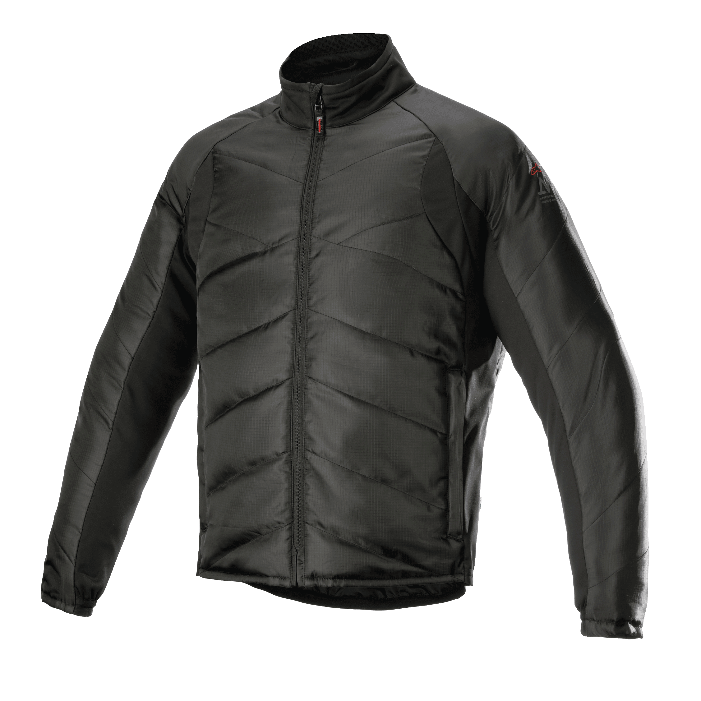 Alpinestars AMT Thermal Liner, giacca termica nera a strato intermedio, con imbottitura diagonale trapuntata e tessuto ripstop, collo alto, cerniera frontale integrale, isolamento leggero per il mototurismo adventure