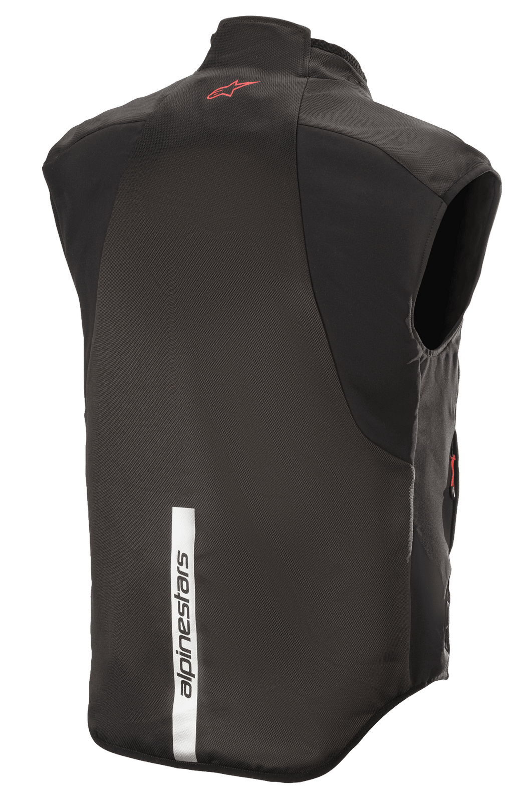 Alpinestars HT Heat Tech Vest, nero, vista posteriore con logo Astars rosso sulla parte superiore e striscia riflettente bianca verticale con marchio Alpinestars sulla parte inferiore, strato di base riscaldato da moto