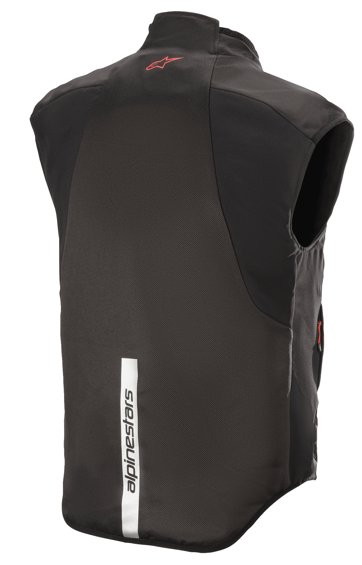 Alpinestars HT Heat Tech Vest, nero, vista posteriore con logo Astars rosso sulla parte superiore e striscia riflettente bianca verticale con marchio Alpinestars sulla parte inferiore, strato di base riscaldato da moto
