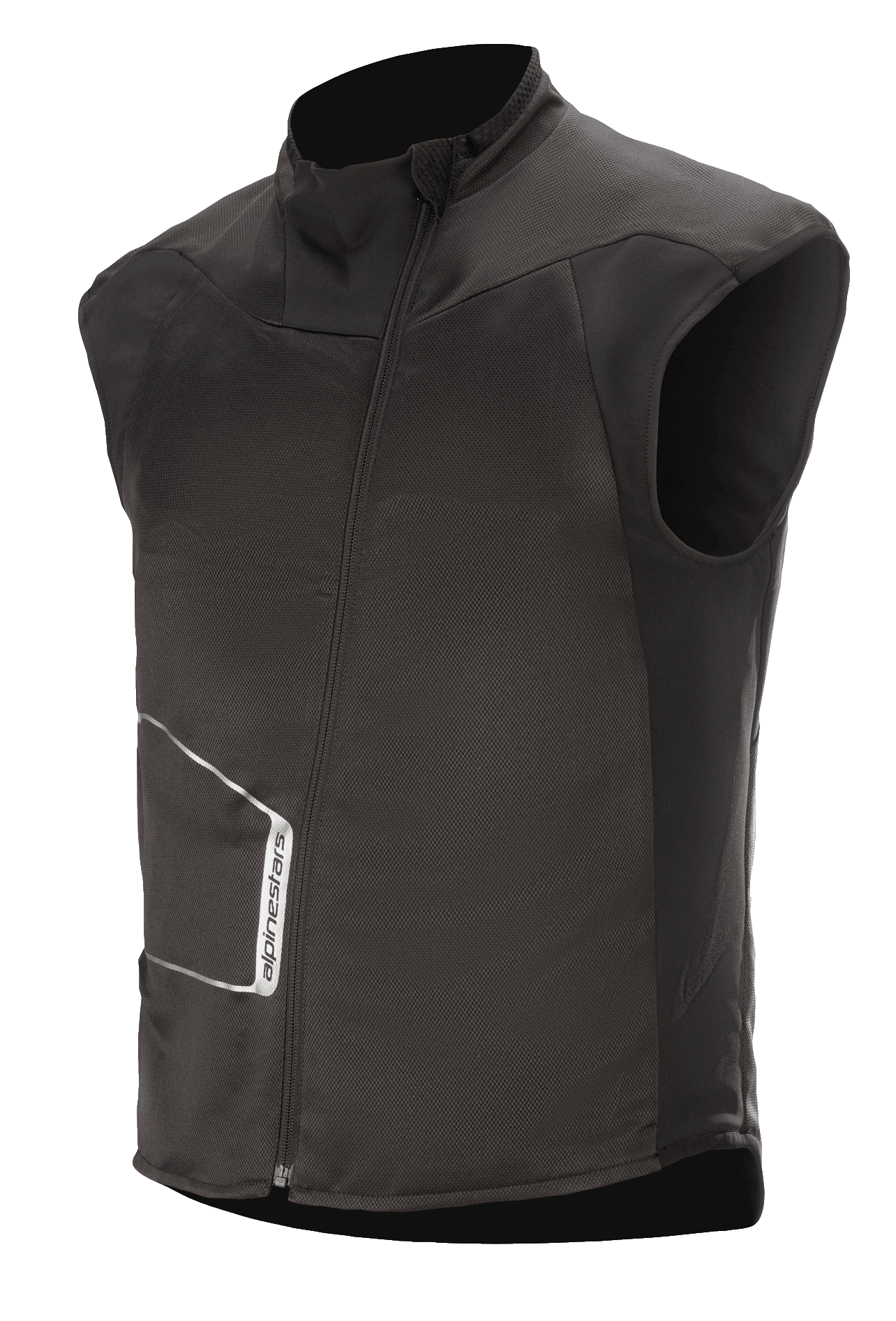 Alpinestars HT Heat Tech Vest, gilet riscaldato da moto senza maniche, nero, collo alto con cerniera frontale asimmetrica, costruzione in tessuto tecnico con logo Alpinestars bianco, strato termico per adventure e touring invernale