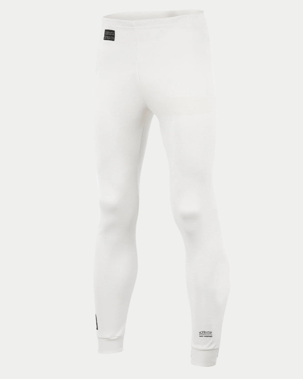 Alpinestars Race Bottom FIA, pantaloni intimo tecnico auto racing, bianco, con etichetta FIA nera sul fianco e logo sulla parte inferiore della gamba, tessuto ignifugo leggero e traspirante per motorsport professionale