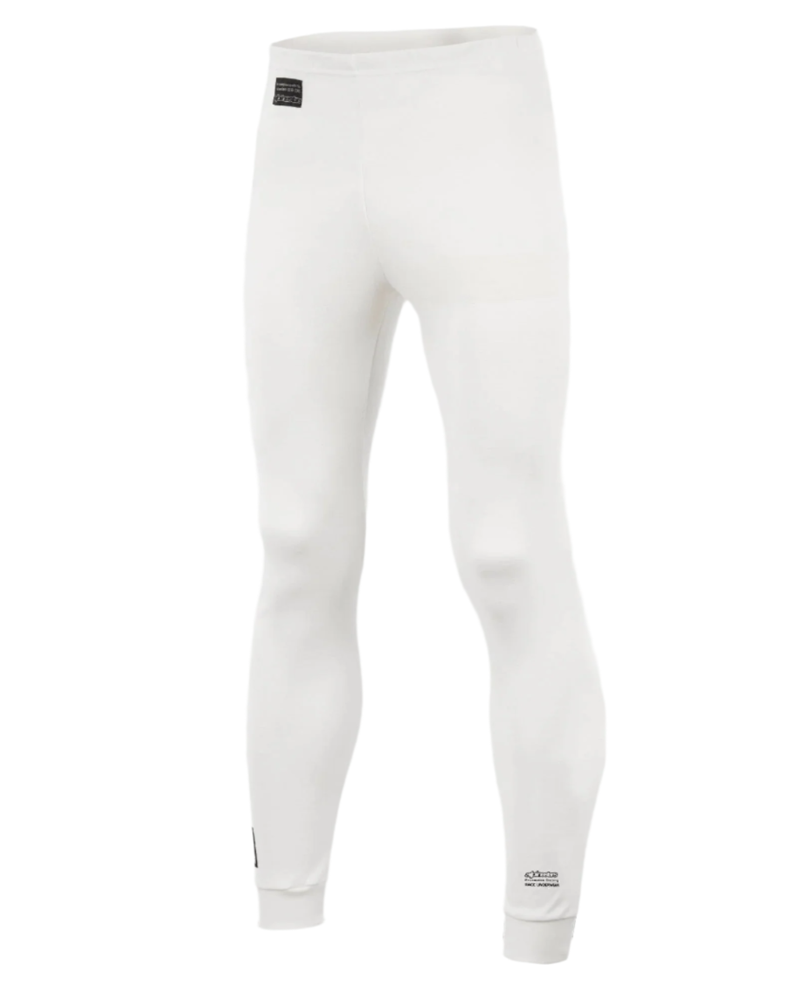 Alpinestars Race Bottom FIA, pantaloni intimo tecnico per auto racing, bianco con patch logo nere, tessuto leggero e ignifugo, progettati per essere indossati sotto la tuta da pilota