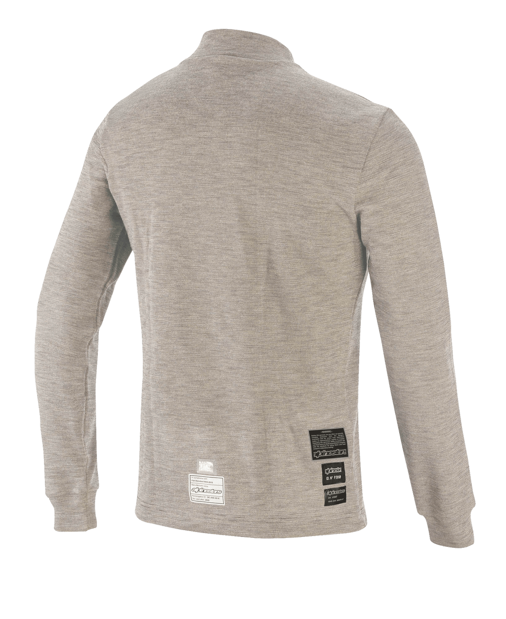 Alpinestars Race V3 Top a maniche lunghe, sottotuta per auto racing, grigio melange, vista posteriore con tessuto tecnico ignifugo e patch di certificazione FIA vicino all'orlo