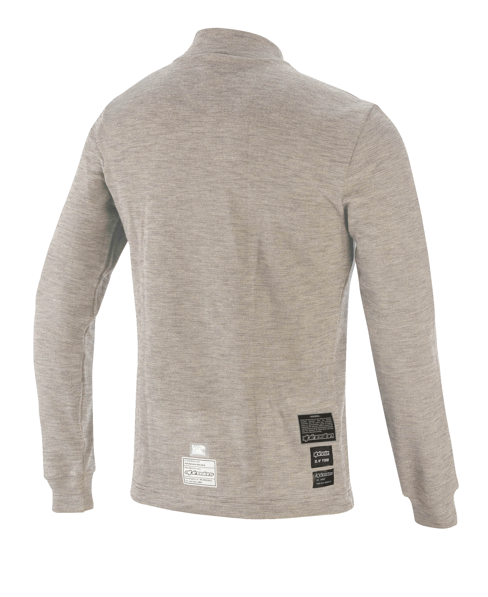 Alpinestars Race V3 Top a maniche lunghe, sottotuta per auto racing, grigio melange, vista posteriore con tessuto tecnico ignifugo e patch di certificazione FIA vicino all'orlo
