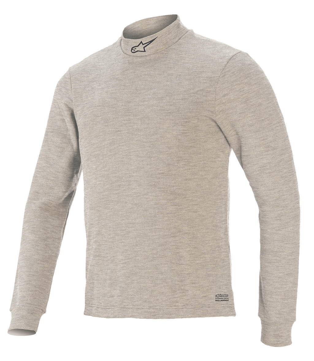 Top Alpinestars Race V3 a maniche lunghe, sottotuta per corse automobilistiche, grigio, caratterizzato da collo a lupetto con logo a stella nero, maniche lunghe, tessuto ignifugo testurizzato e marchio Alpinestars sull'orlo