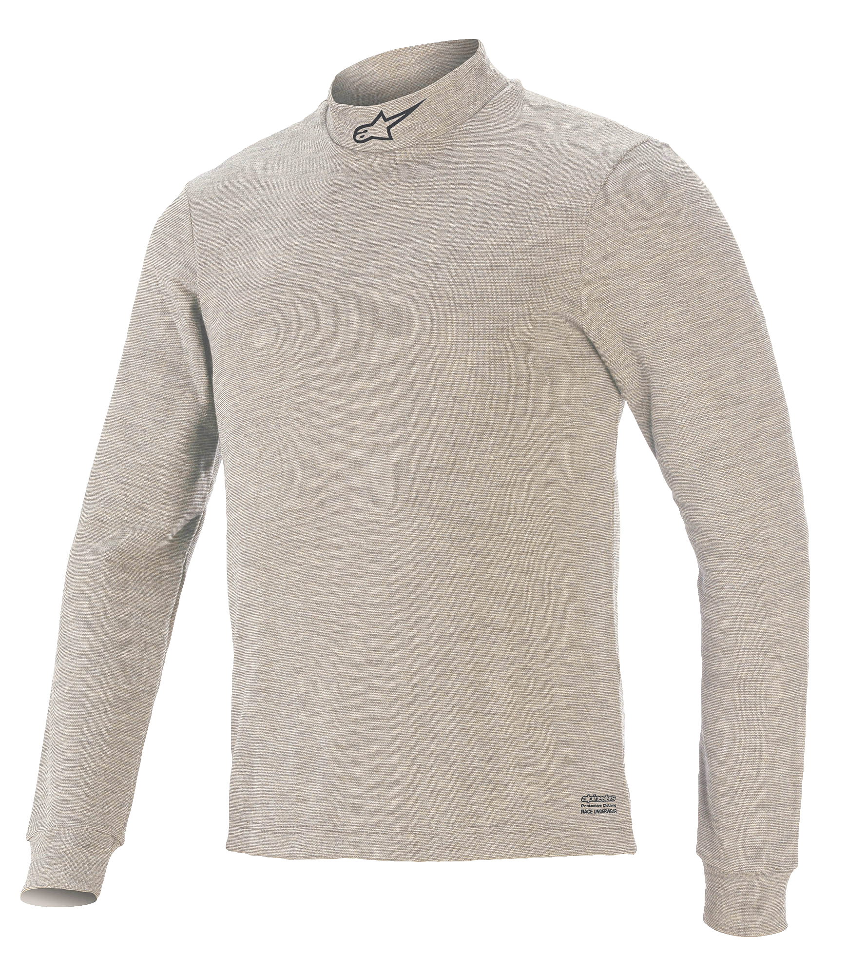 Top Alpinestars Race V3 a maniche lunghe, sottotuta per corse automobilistiche, grigio, caratterizzato da collo a lupetto con logo a stella nero, maniche lunghe, tessuto ignifugo testurizzato e marchio Alpinestars sull'orlo