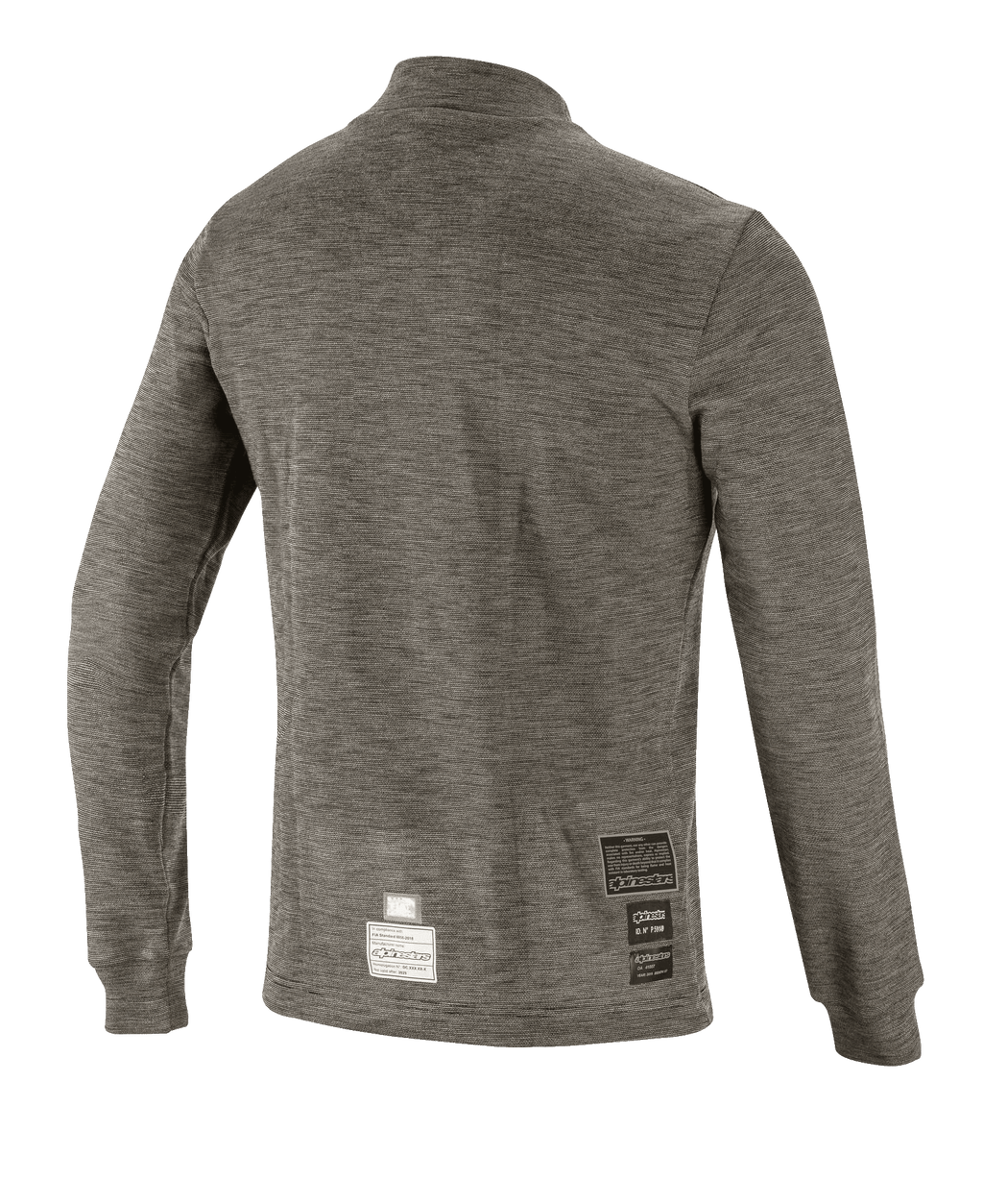 Alpinestars Race V3 Long Sleeve Top, sottotuta tecnico, grigio antracite melange, vista posteriore che mostra il tessuto ignifugo testurizzato e le etichette di certificazione FIA sull'orlo inferiore, abbigliamento per prestazioni motorsport
