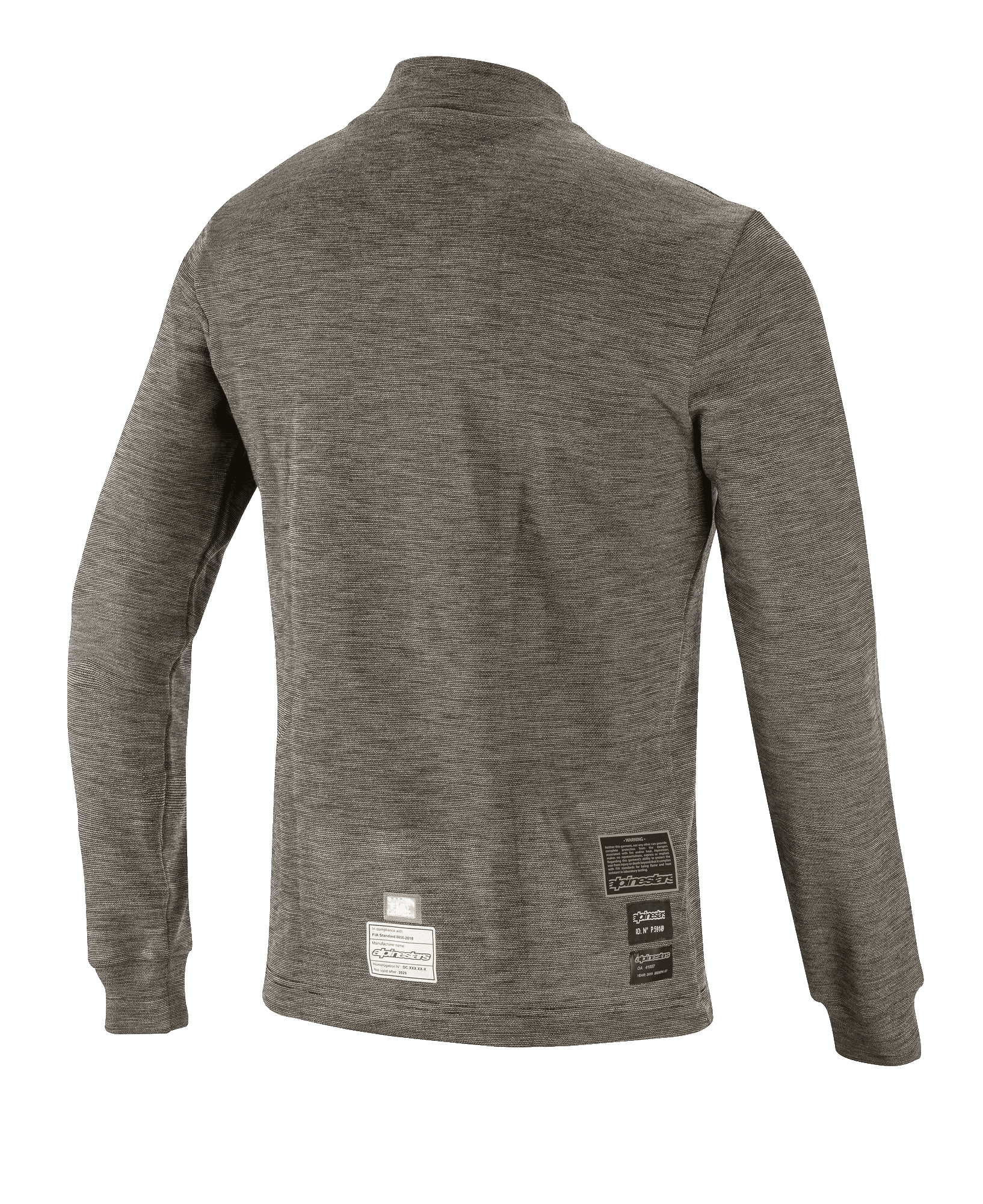 Alpinestars Race V3 Long Sleeve Top, sottotuta tecnico, grigio antracite melange, vista posteriore che mostra il tessuto ignifugo testurizzato e le etichette di certificazione FIA sull'orlo inferiore, abbigliamento per prestazioni motorsport