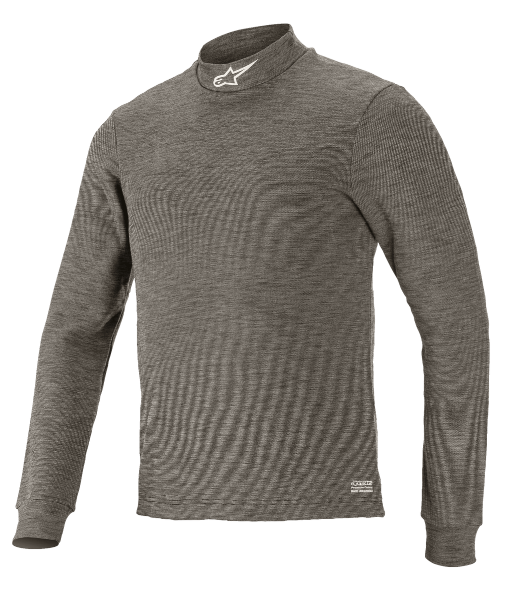 Alpinestars Race V3 Long Sleeve Top, strato base tecnico per motorsport, grigio Anthracite Melange, collo a lupetto con logo a stella bianco, maniche lunghe, tessuto ignifugo melange, sottotuta professionale per automobilismo