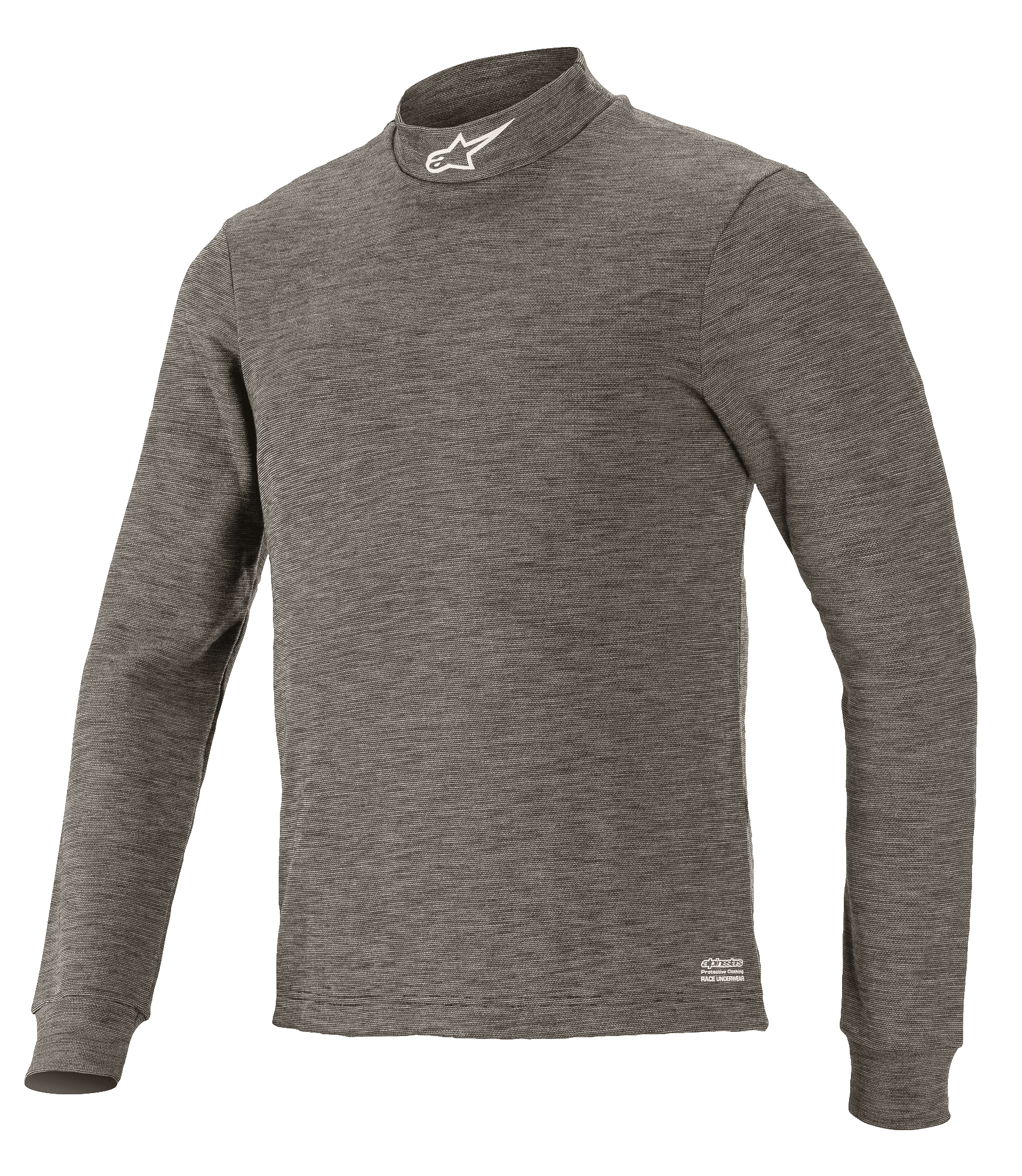 Alpinestars Race V3 Long Sleeve Top, strato base tecnico per motorsport, grigio Anthracite Melange, collo a lupetto con logo a stella bianco, maniche lunghe, tessuto ignifugo melange, sottotuta professionale per automobilismo