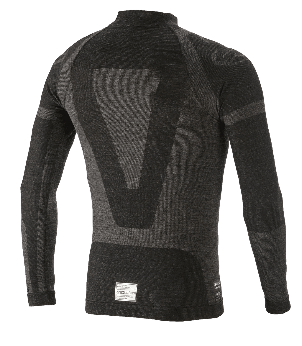 Alpinestars ZX Evo V2 Top a maniche lunghe, base layer per auto racing, nero e grigio, vista posteriore con design tecnico jacquard, costruzione tubolare senza cuciture ed etichetta di certificazione FIA/SFI sull'orlo