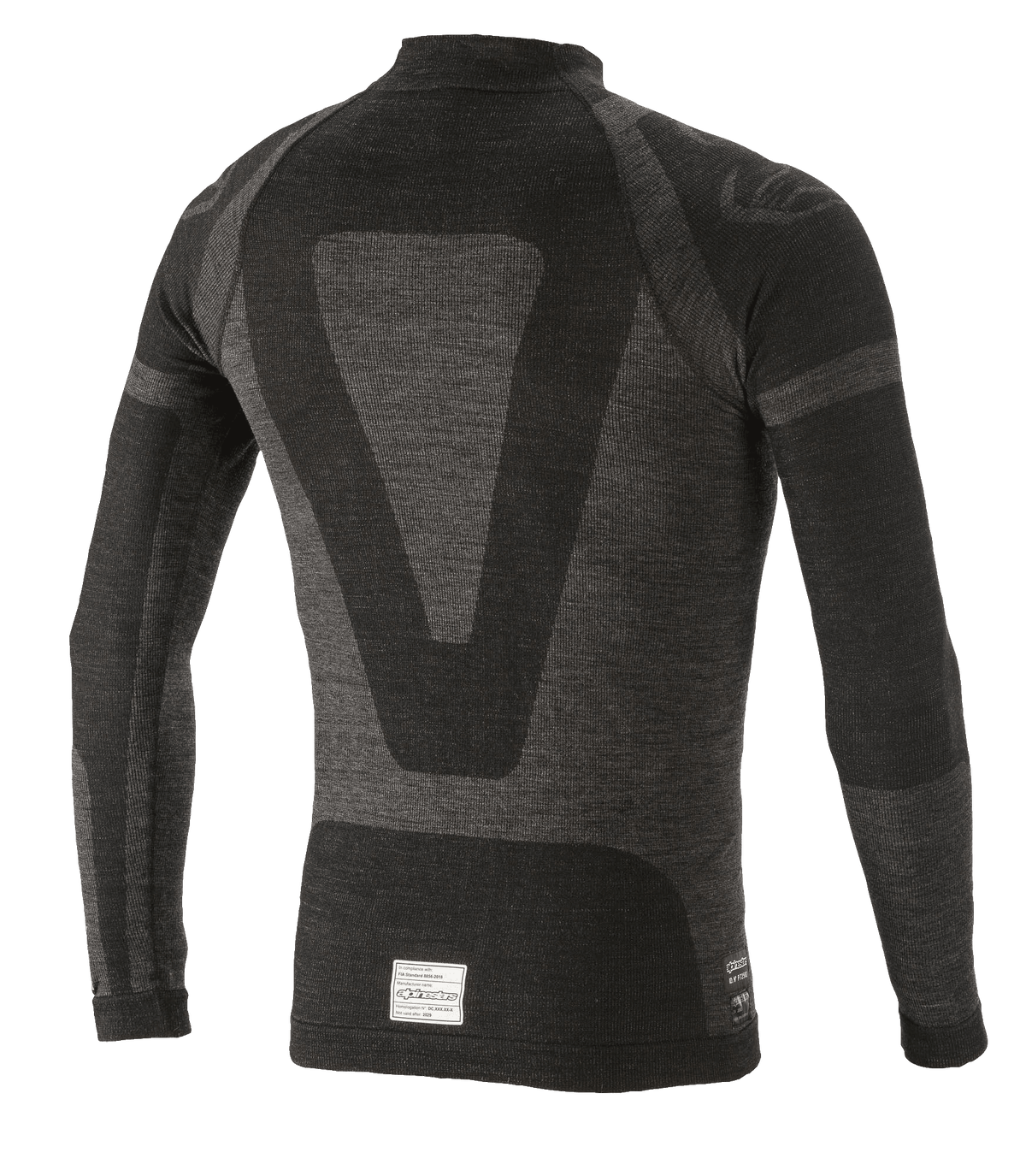 Alpinestars ZX Evo V2 Top a maniche lunghe, base layer per auto racing, nero e grigio, vista posteriore con design tecnico jacquard, costruzione tubolare senza cuciture ed etichetta di certificazione FIA/SFI sull'orlo