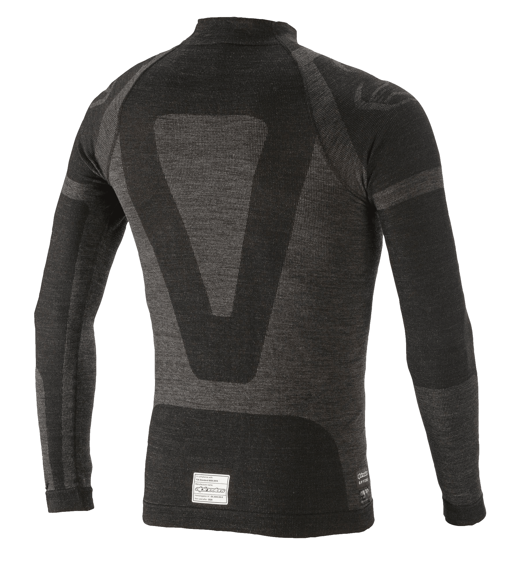 Alpinestars ZX Evo V2 Top a maniche lunghe, base layer per auto racing, nero e grigio, vista posteriore con design tecnico jacquard, costruzione tubolare senza cuciture ed etichetta di certificazione FIA/SFI sull'orlo