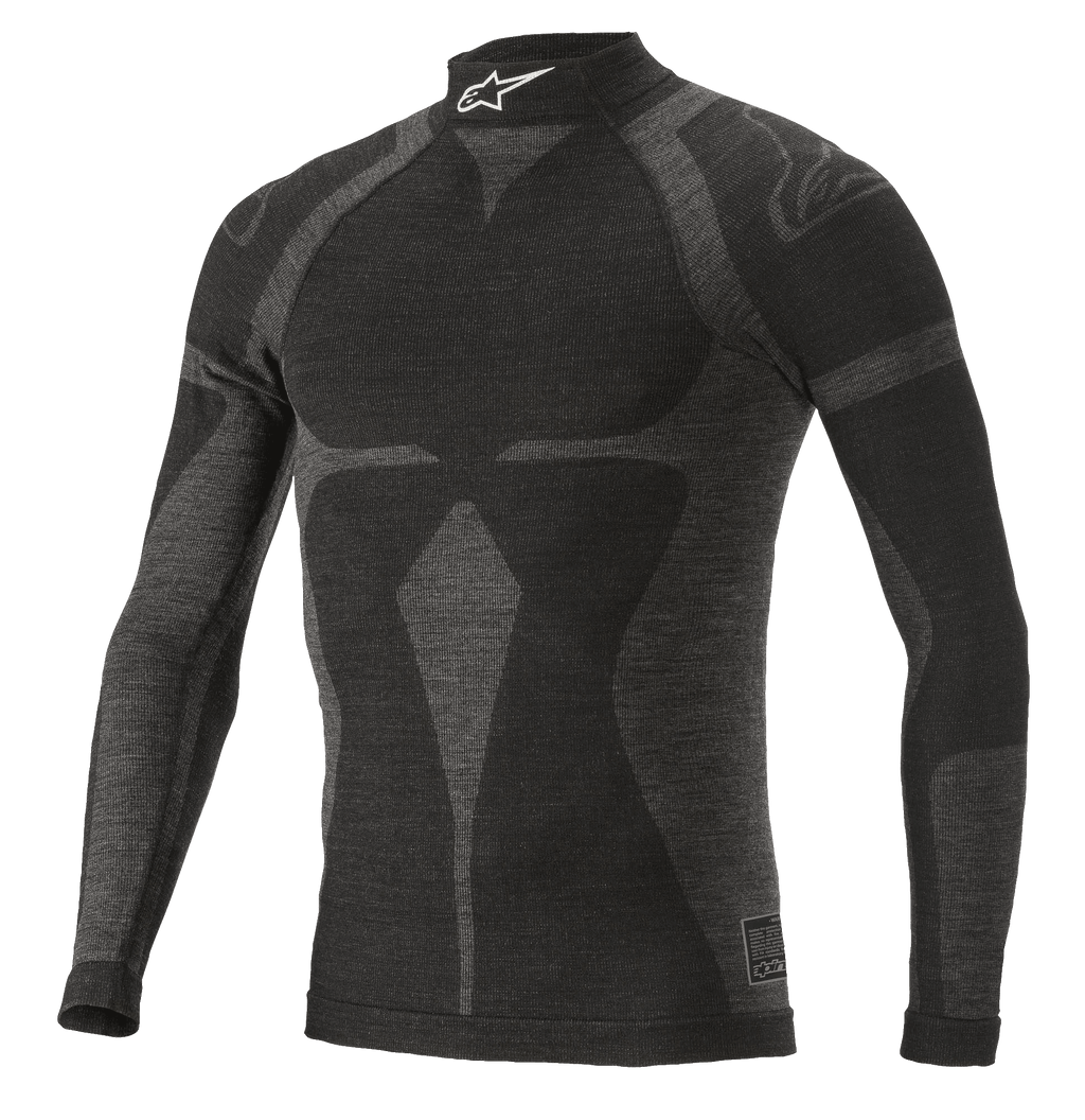 Alpinestars ZX Evo V2 Top a maniche lunghe, maglia intima per auto racing, nero e grigio, collo alto con logo bianco, motivo jacquard, abbigliamento tecnico aderente con trama in maglia leggera