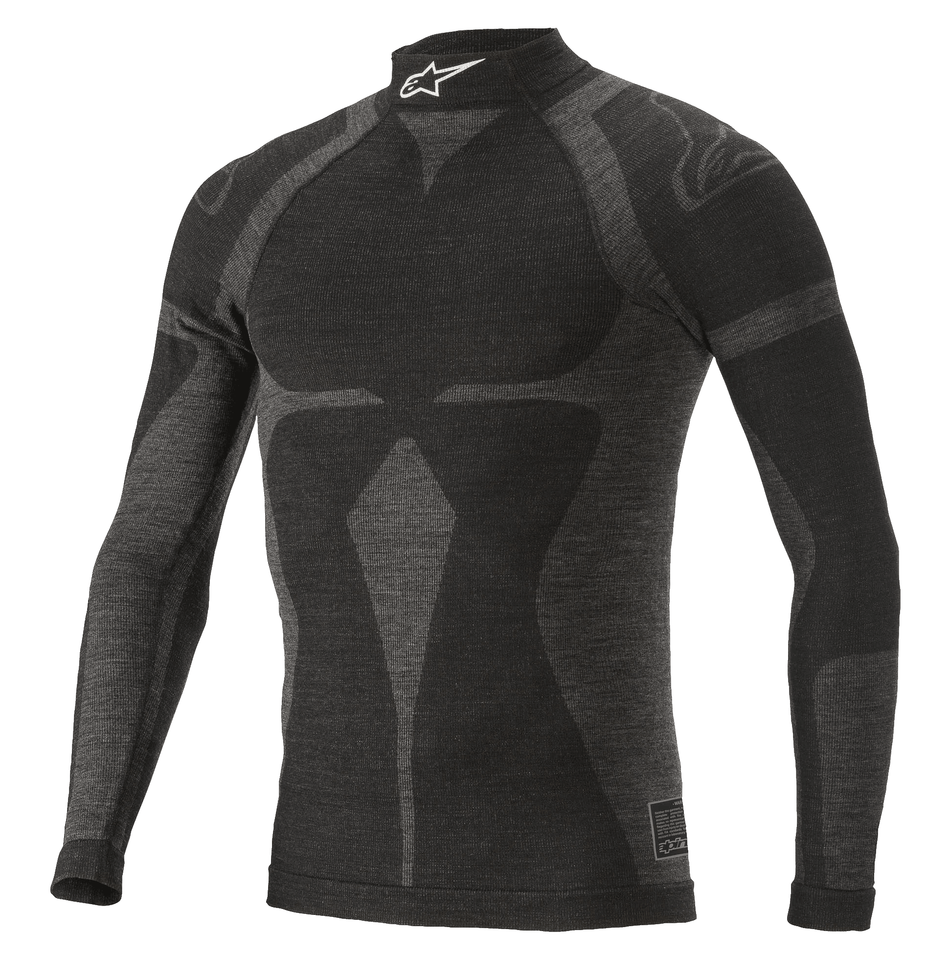 Alpinestars ZX Evo V2 Top a maniche lunghe, maglia intima per auto racing, nero e grigio, collo alto con logo bianco, motivo jacquard, abbigliamento tecnico aderente con trama in maglia leggera