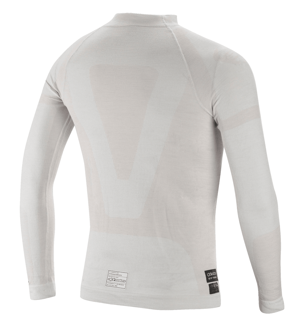 Alpinestars ZX Evo V2 Long Sleeve Top, intimo tecnico per auto racing, bianco grigio, vista posteriore con leggera costruzione tubolare senza cuciture ed etichette di certificazione FIA sull'orlo inferiore.