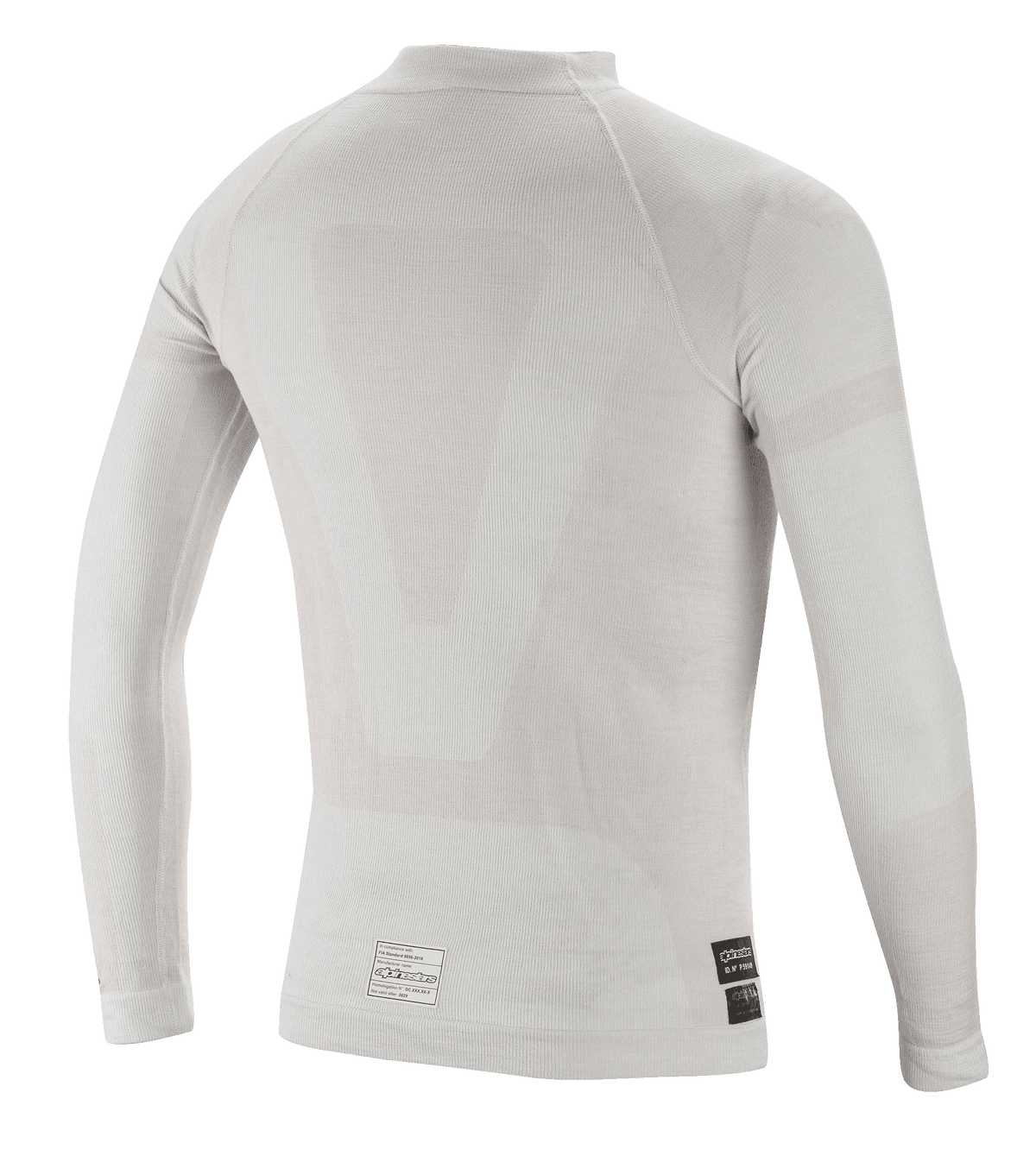 Alpinestars ZX Evo V2 Long Sleeve Top, intimo tecnico per auto racing, bianco grigio, vista posteriore con leggera costruzione tubolare senza cuciture ed etichette di certificazione FIA sull'orlo inferiore.