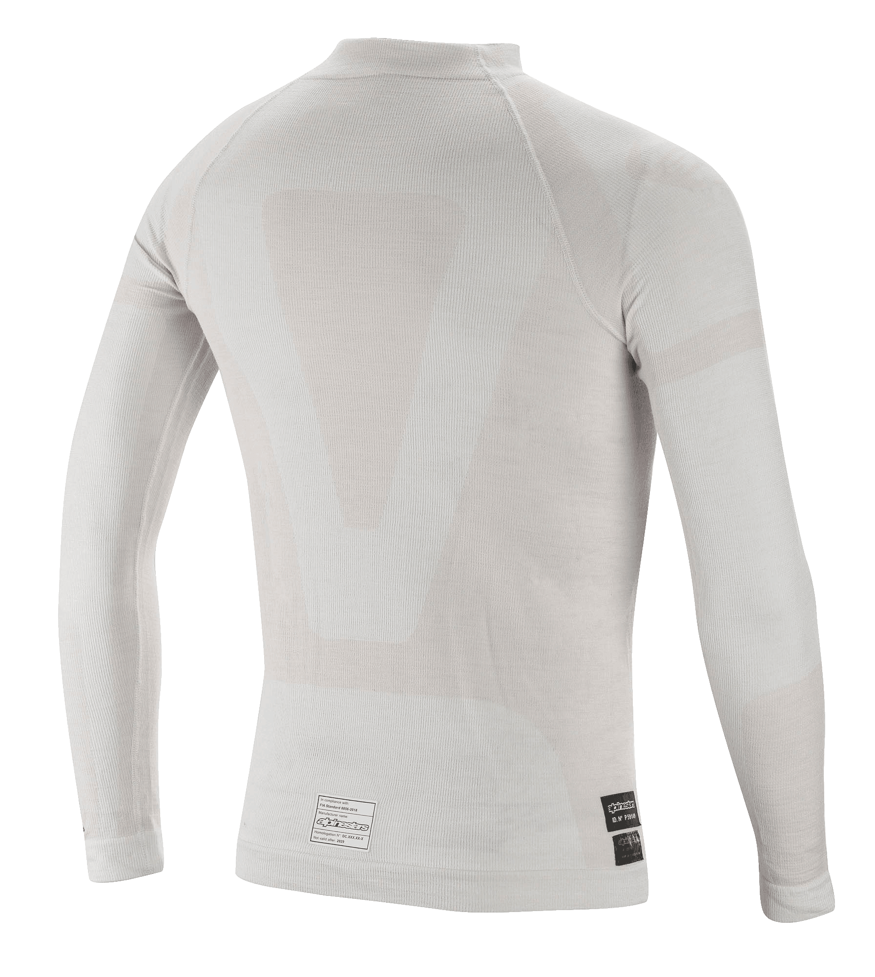 Alpinestars ZX Evo V2 Long Sleeve Top, intimo tecnico per auto racing, bianco grigio, vista posteriore con leggera costruzione tubolare senza cuciture ed etichette di certificazione FIA sull'orlo inferiore.