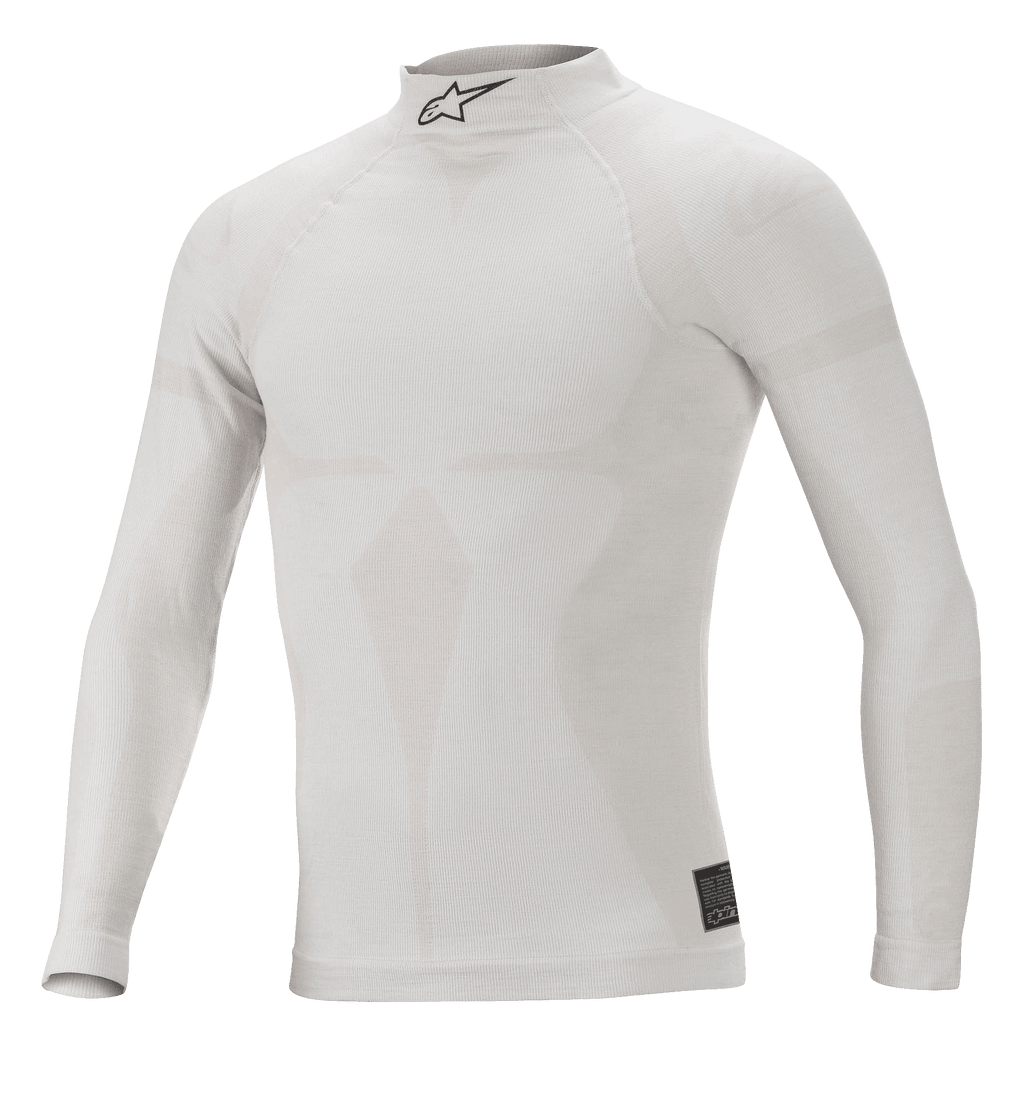 Alpinestars ZX Evo V2 Top a maniche lunghe, bianco grigio, sottotuta ignifugo per auto da corsa, colletto alto con logo Astars nero, costruzione senza cuciture con motivo jacquard, intimo tecnico leggero e aderente