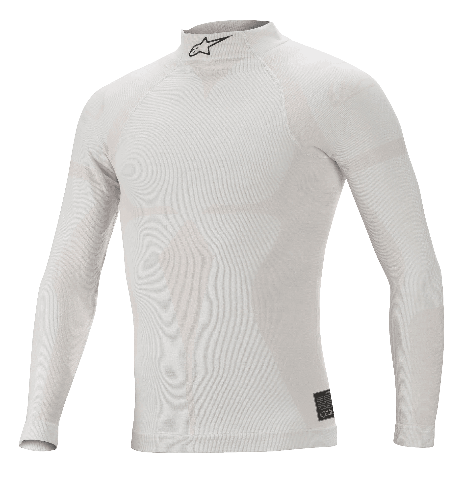 Alpinestars ZX Evo V2 Top a maniche lunghe, bianco grigio, sottotuta ignifugo per auto da corsa, colletto alto con logo Astars nero, costruzione senza cuciture con motivo jacquard, intimo tecnico leggero e aderente