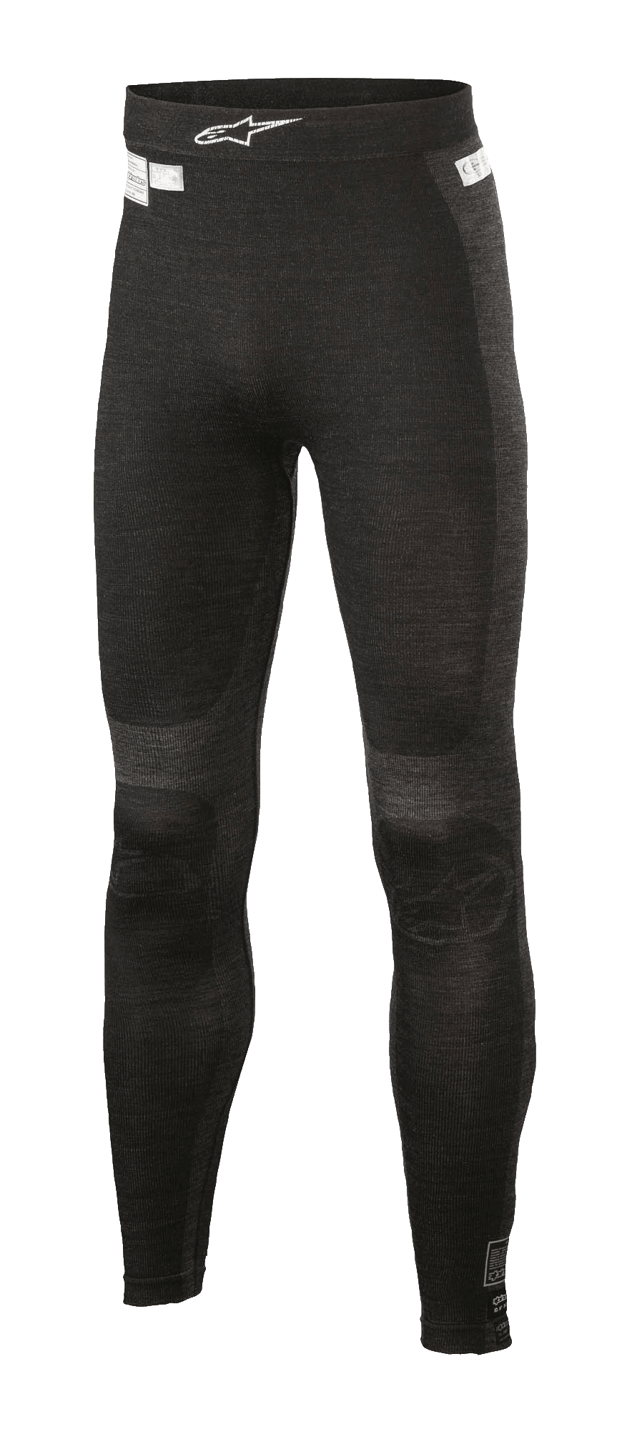 Alpinestars ZX Evo V2 Bottom, pantaloni sottotuta racing, nero e grigio, texture a coste con costruzione senza cuciture, logo Alpinestars bianco sulla cintura, abbigliamento ignifugo per auto e kart racing