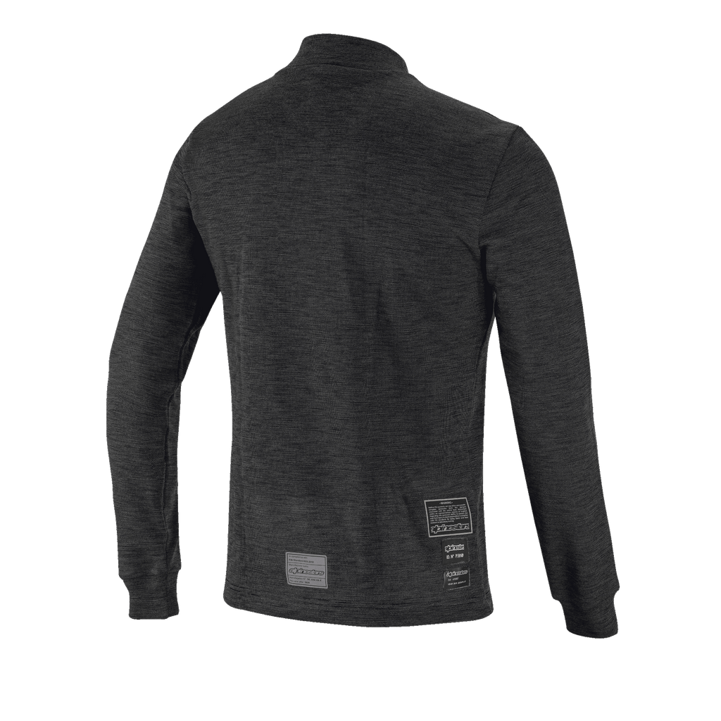 Alpinestars Race V3 Long Sleeve Top, vista posteriore, intimo tecnico ignifugo nero, caratterizzato da un design in maglia testurizzata, maniche lunghe con polsini a costine ed etichette di omologazione FIA sulla parte bassa della schiena.