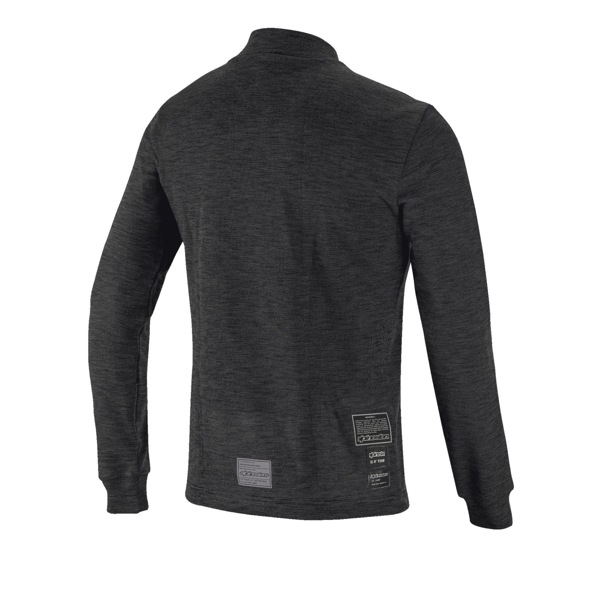 Alpinestars Race V3 Long Sleeve Top, vista posteriore, intimo tecnico ignifugo nero, caratterizzato da un design in maglia testurizzata, maniche lunghe con polsini a costine ed etichette di omologazione FIA sulla parte bassa della schiena.